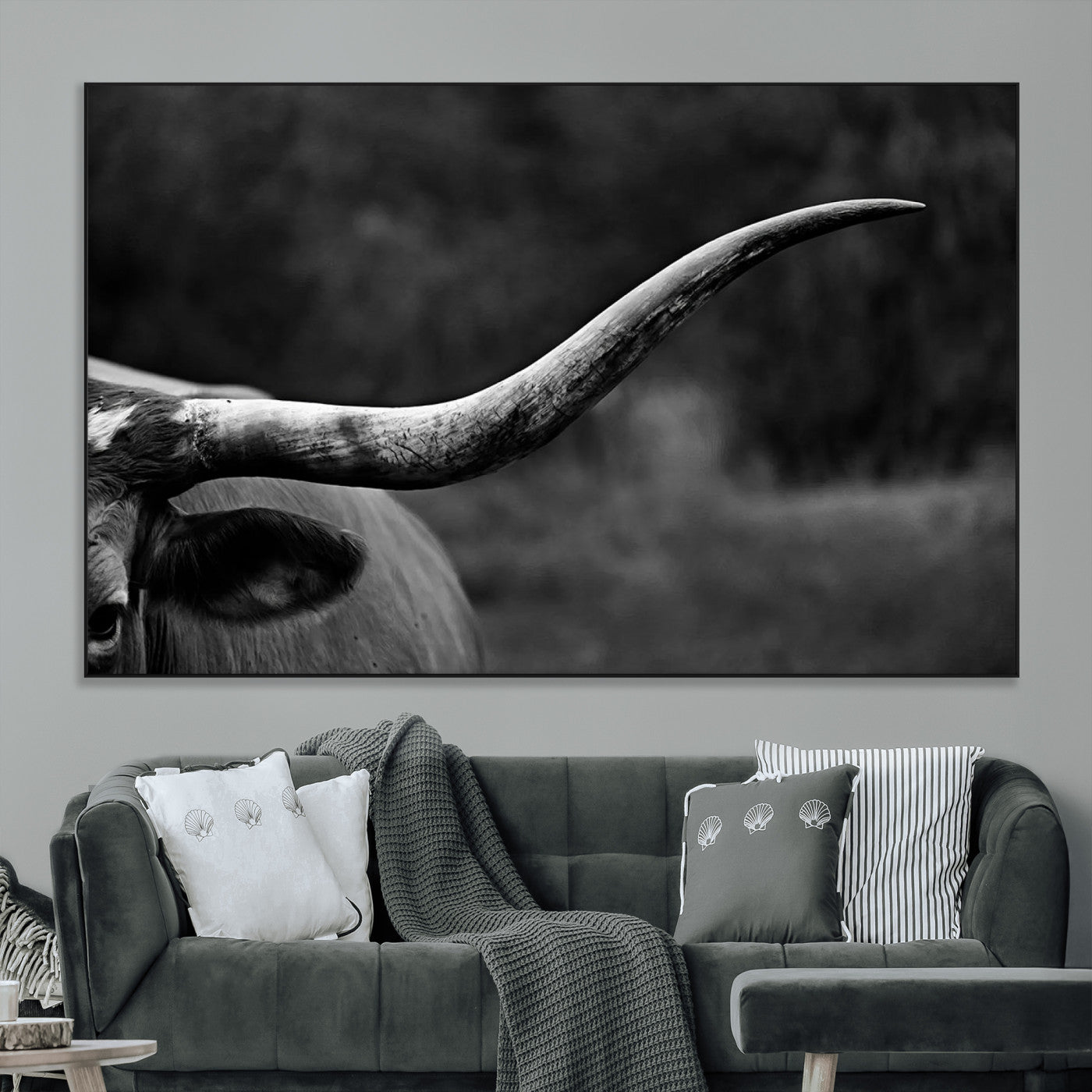 SEG-FC-51X34_Oversize - Cow Longhorn Wall Art | Black and White Print | Ready to Hang and Framed | Farmhouse Wall Decor |