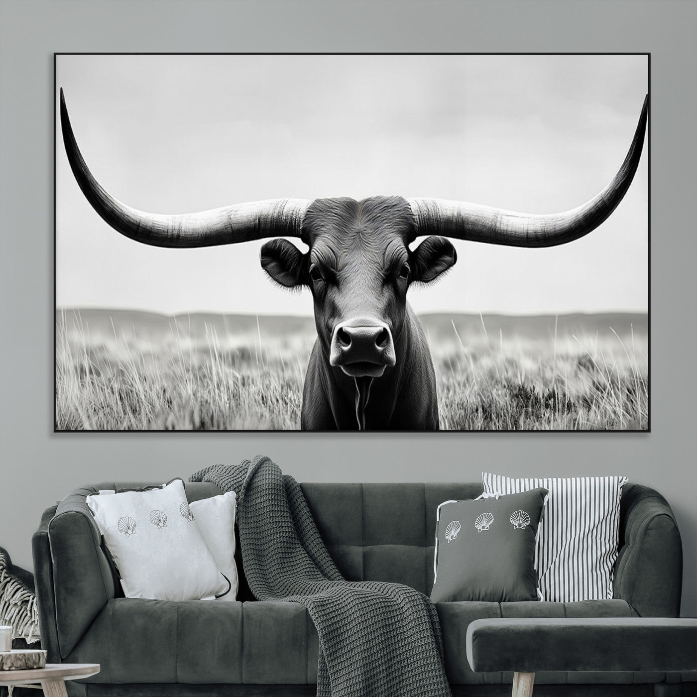 -Longhorn Bull Canvas Print | Rustic Farmhouse Wall Art | Western Decor | Ready to Hang and Framed