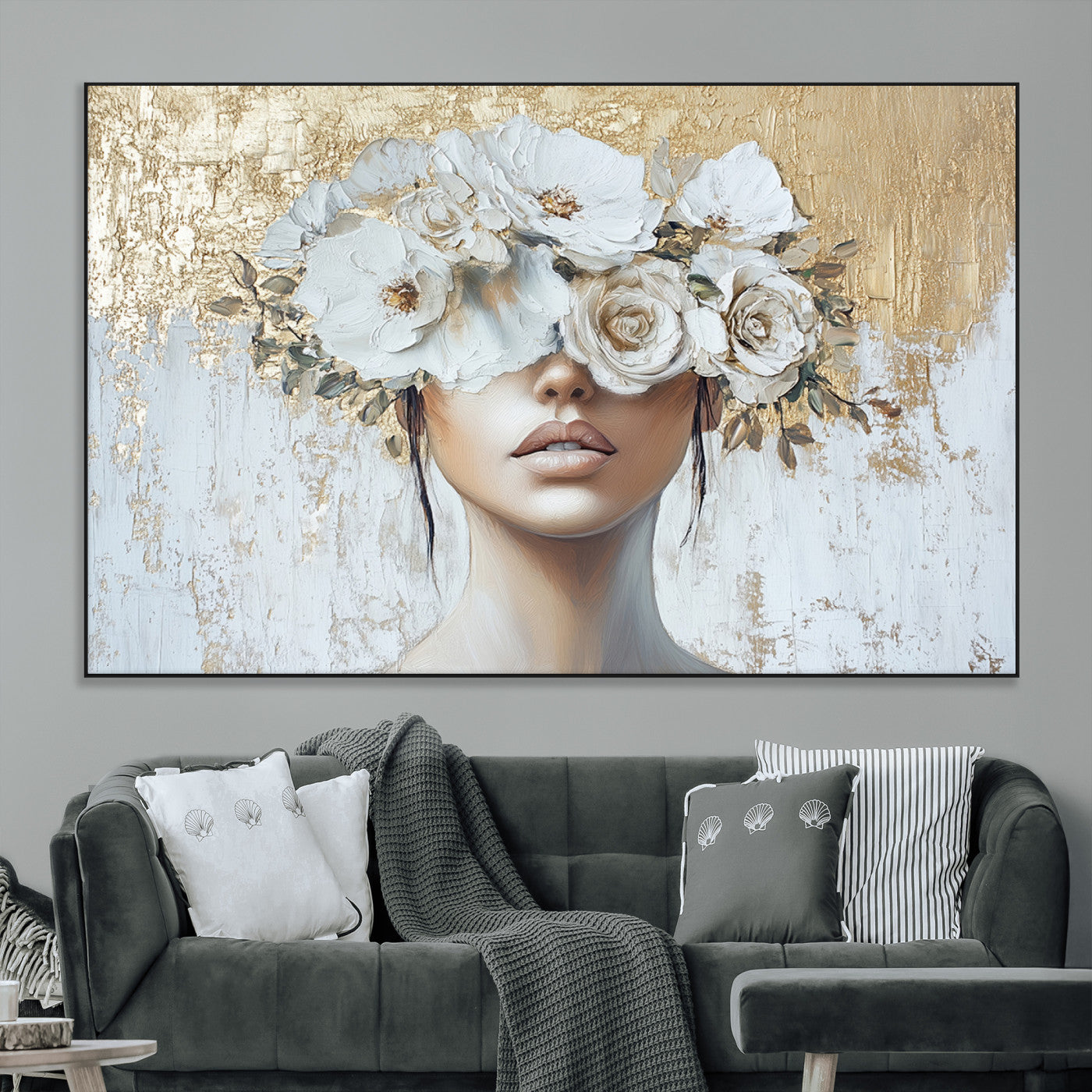 SEG-FC-51X34_Oversize - Golden Petal Wall Art - Canvas Print Flower Head Woman Painting Floral Woman Portrait Wall Decor,