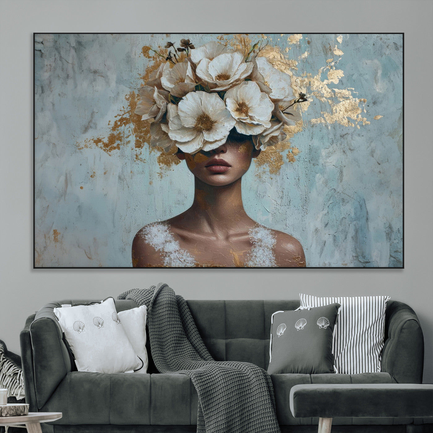SEG-FC-51X34_Oversize - Golden Petal Wall Art - Petal Silhouette Woman Wall Art Canvas Print | Large 3-Panel Canvas with