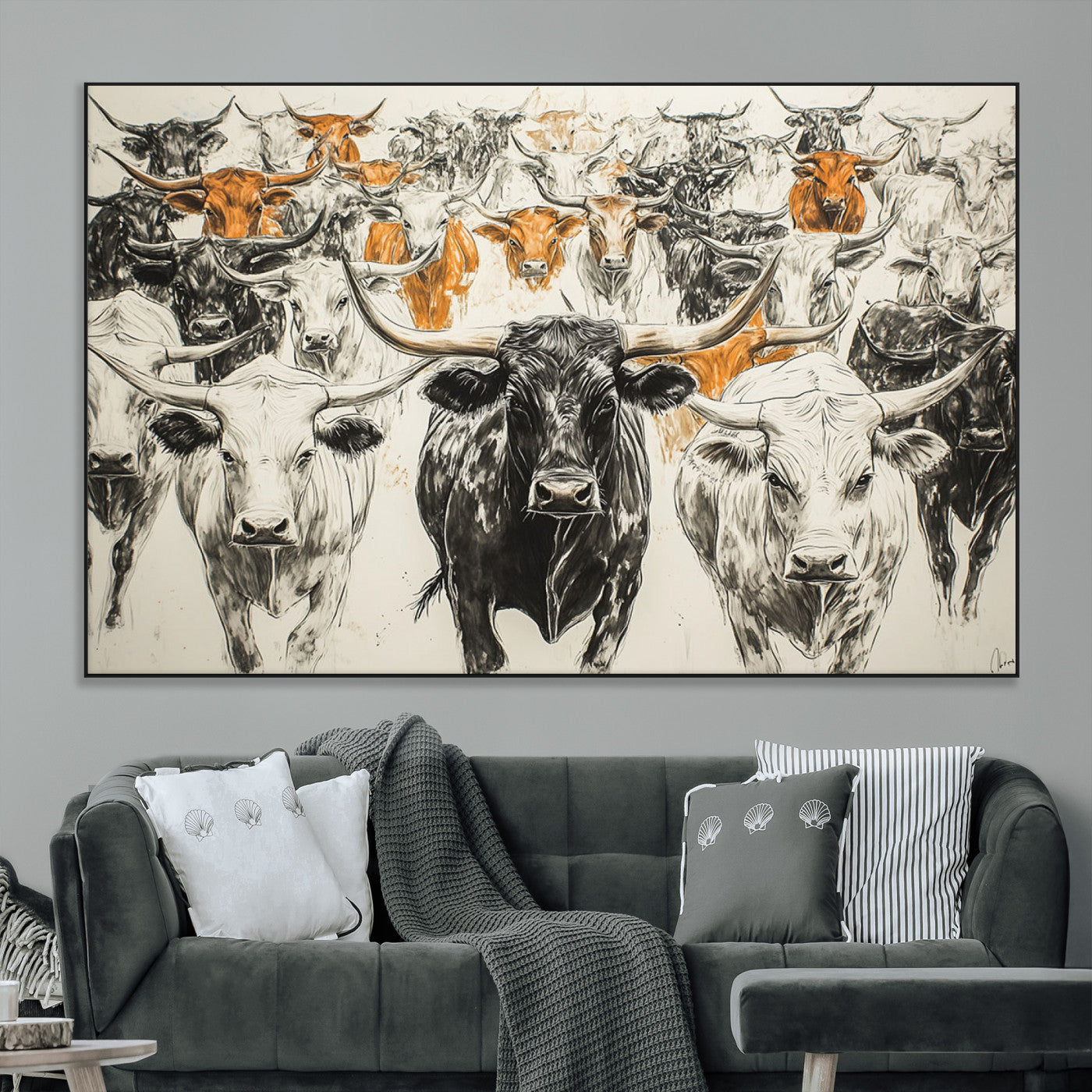SEG-FC-51X34_Oversize - Texas Longhorn Wall Art - Herd Canvas Wall Art Print - Abstract Cow Drawing Wall Art Print for