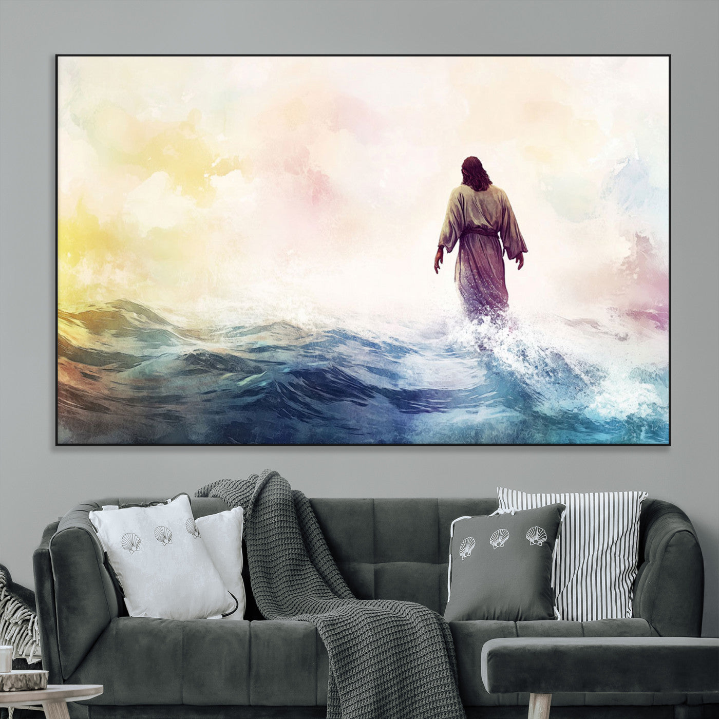 SEG-FC-51X34_Oversize - Watercolor Jesus Walking on Water Canvas Print, Christian Wall Art, Jesus Christ Walking