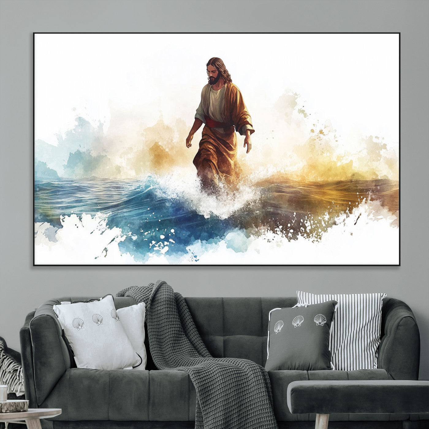 SEG-FC-51X34_Oversize - Watercolor Jesus Walking Wall Art Print, Jesus Water Canvas Print, Christian Wall Art, Jesus Christ