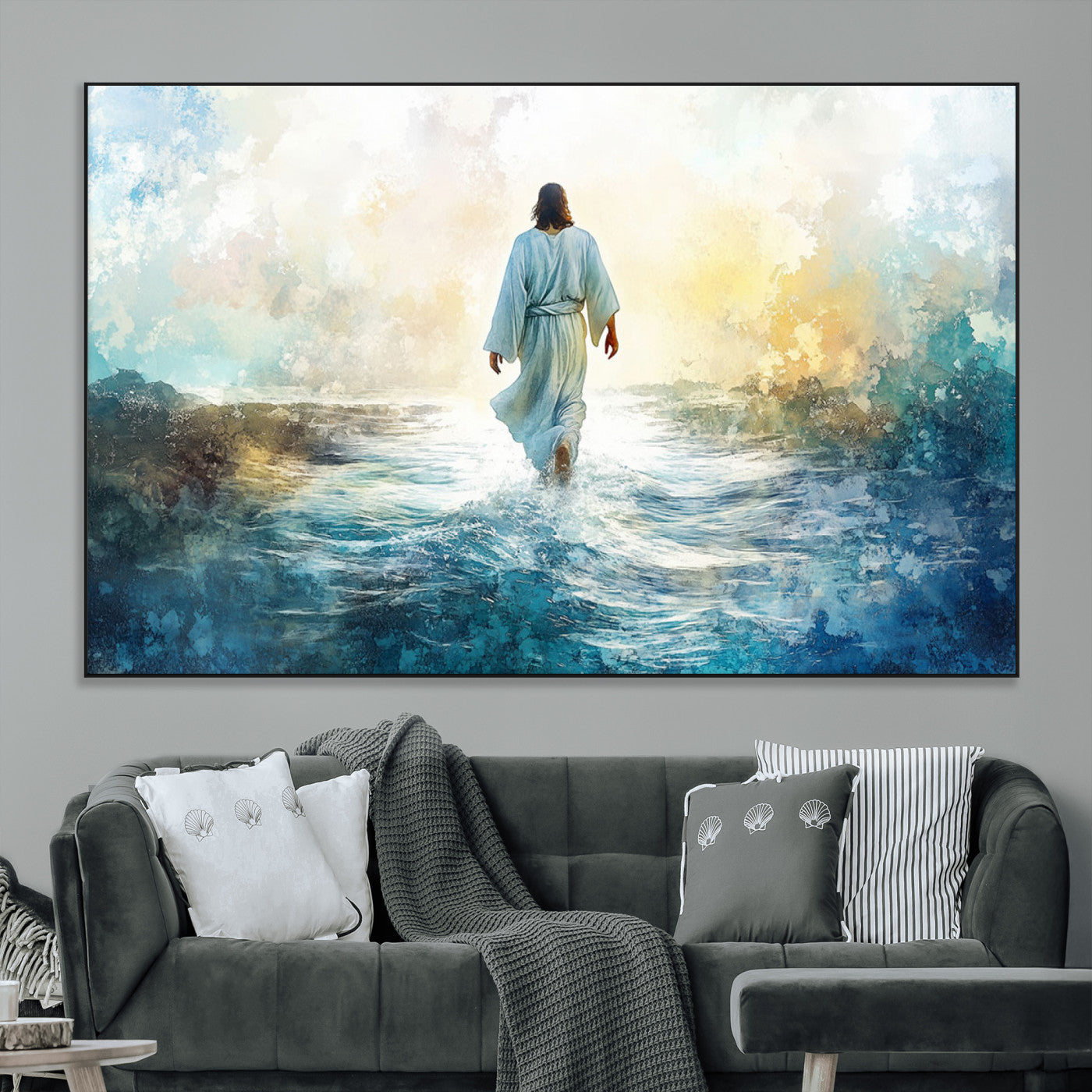 SEG-FC-51X34_Oversize - Watercolor Jesus Walking on Water Canvas Print, Christian Wall Art, Jesus Christ Walking