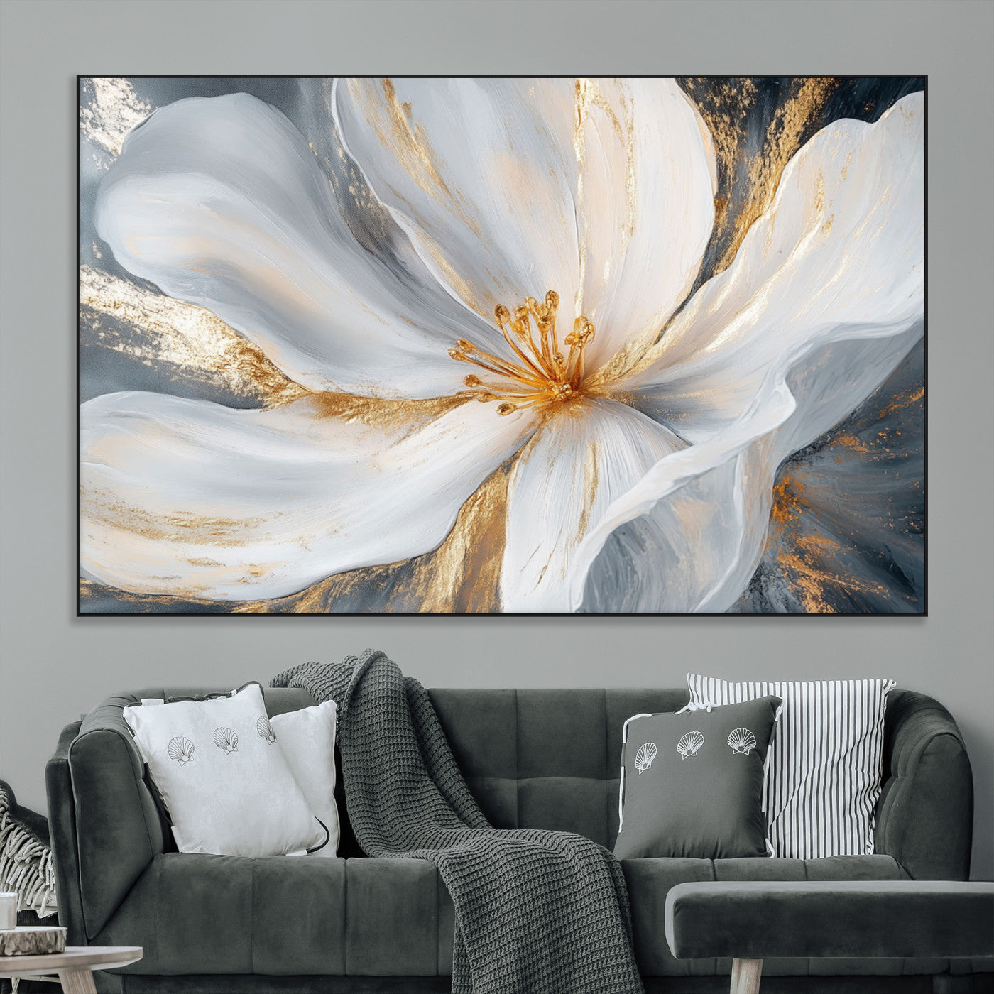 SEG-FC-51X34_Oversize - White and Gold Floral Canvas Wall Art - Framed and Ready to Hang - Perfect for Modern Living Rooms