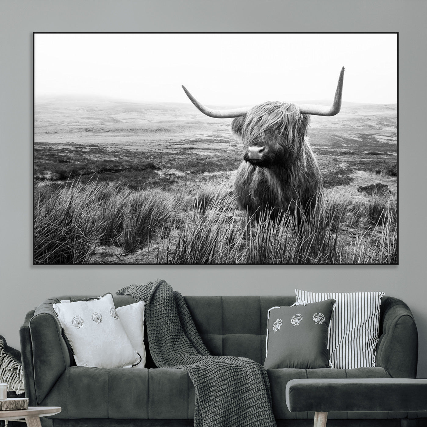 SEG-FC-51X34_Oversize - Scottish Highland Cow Wall Art | Black and White Canvas Print | Ready to Hang and Framed | Rustic