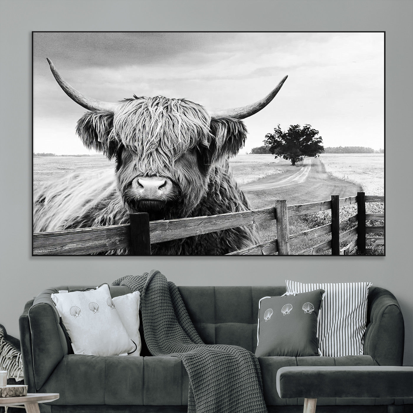 SEG-FC-51X34_Oversize - Scottish Highland Cow Wall Art | Rustic Farmhouse Décor | Black and White Ready to Hang Canvas Print