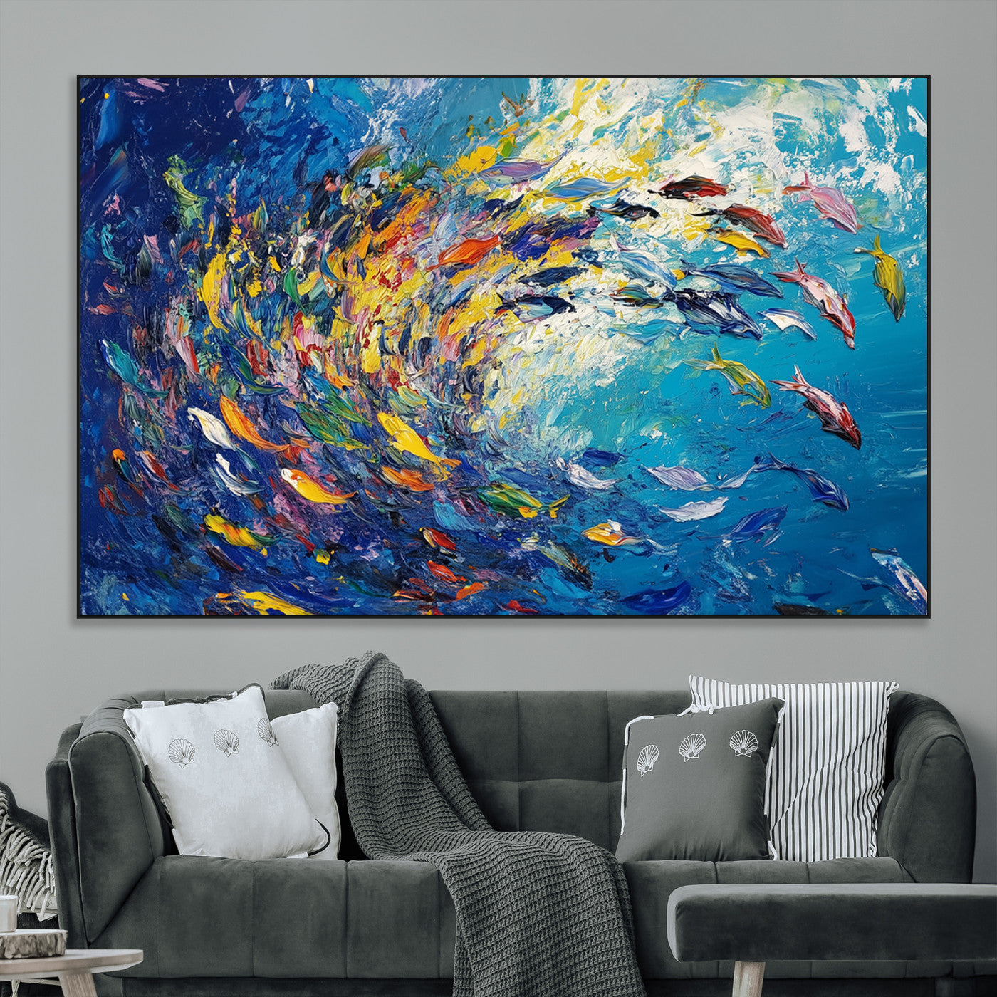 SEG-FC-51X34_Oversize - Colorful Swirling Fish School Wall Art Canvas Print | Oceanic Abstract Painting | Ready to Hang |