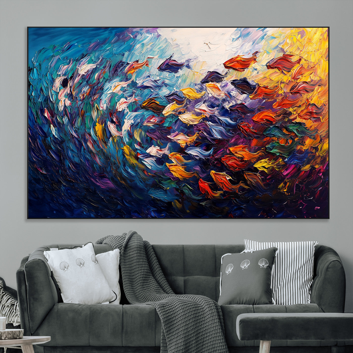 SEG-FC-51X34_Oversize - Vibrant Abstract Fish Swarm Art – Colorful Fish Inspired 3-Piece Canvas Wall Art for Living Room or