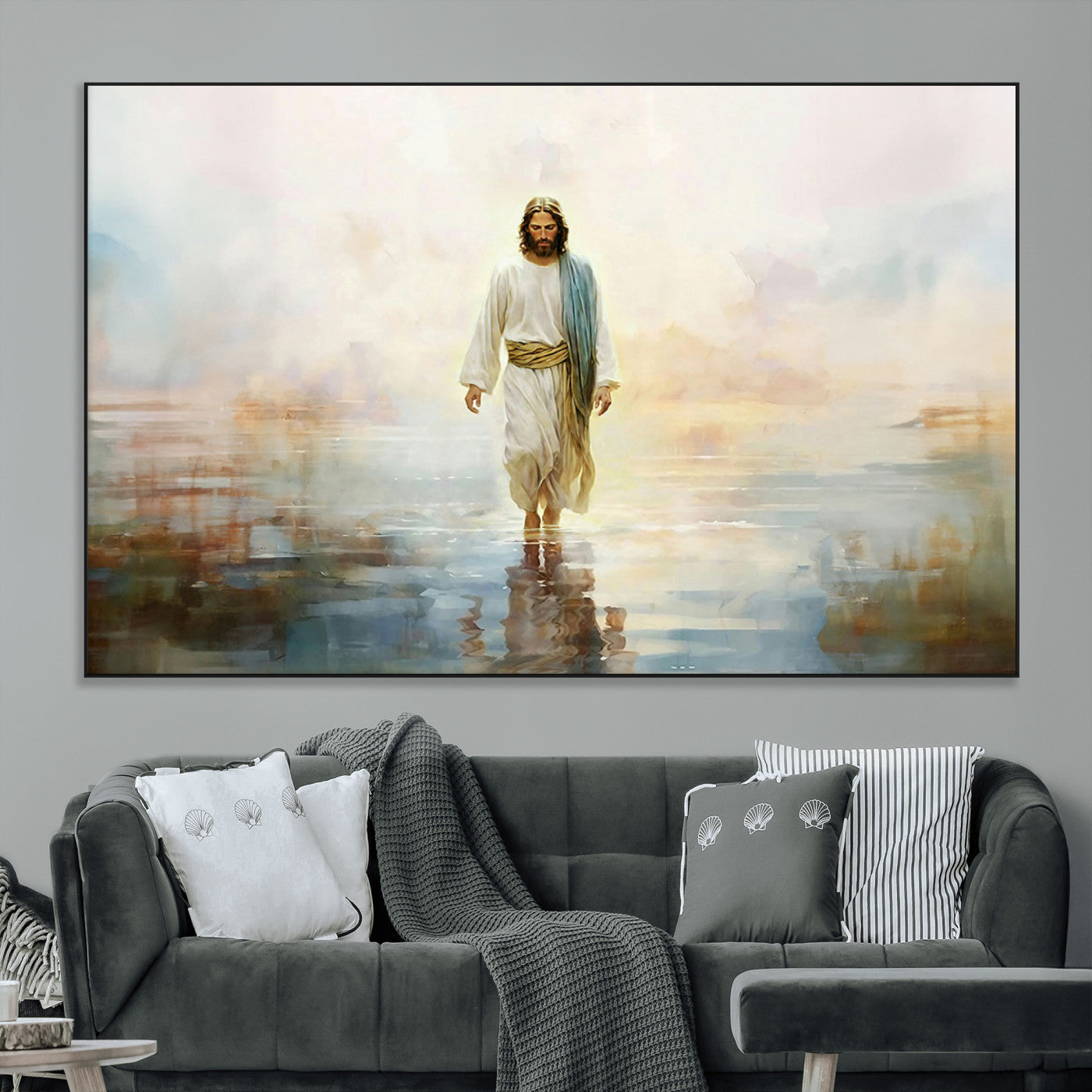 SEG-FC-51X34_Oversize - Framed Jesus Walking on Water Wall Art - 3-Panel Christian Canvas Prints, Religious Artwork for