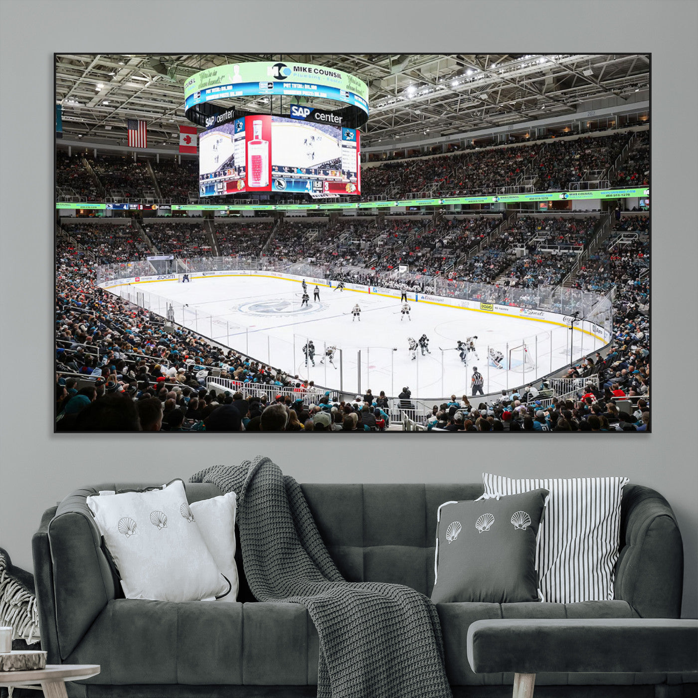 SEG-FC-51X34_Oversize - Sharks Arena Blackhawks Sharks Ice Hockey Stadium Wall Art Canvas Print, Framed Blackhawks Sharks