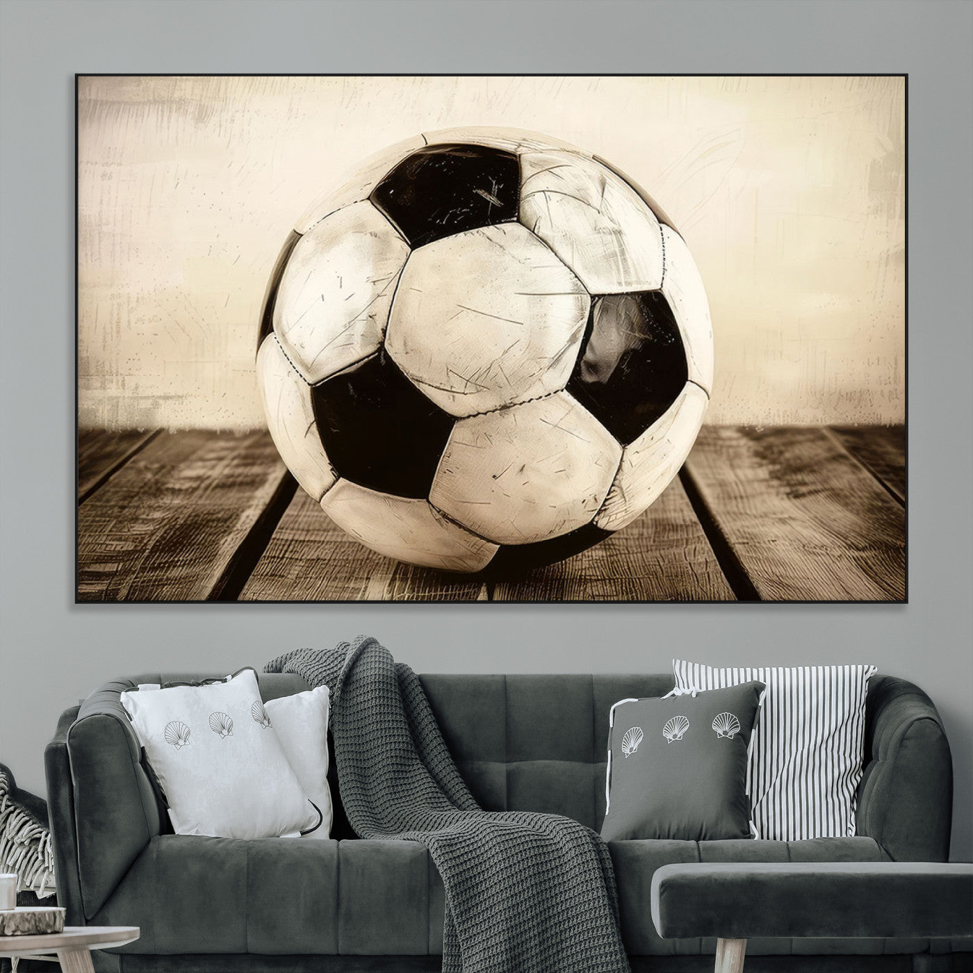 SEG-FC-51X34_Oversize - Vintage Soccer Ball Wall Decor Canvas Art – 3-Panel Soccer Wall Decor, Framed and Ready to Hang