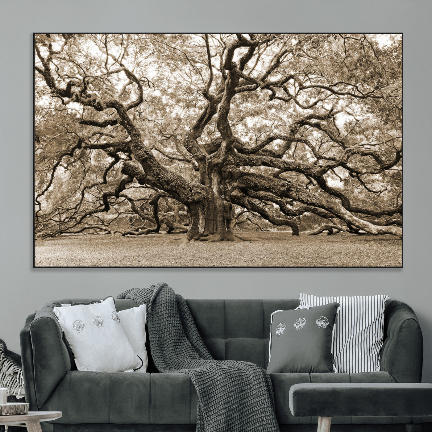 51126-MGV-CV-36X24-Sepia Framed Angel Oak Tree Wall Art - 3-Panel Canvas Prints, Large Green Nature Artwork, Ready to