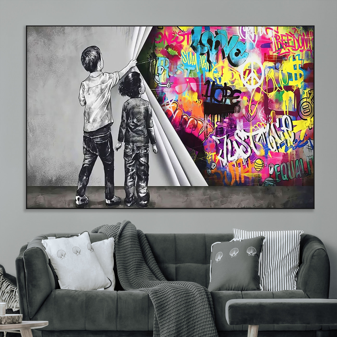 SEG-FC-51X34_Oversize - Banksy Print - Street Art Canvas Wall Art - Kids Revealing Graffiti, Urban Modern Decor for Living