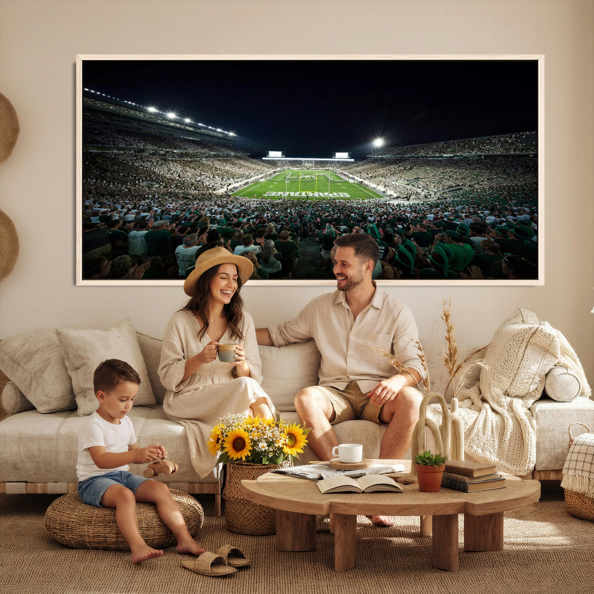 57523-PAN-FL-20X10 - Framed Michigan State Spartans Football Team Print - East Lansing Spartan Stadium Wall Art Canvas