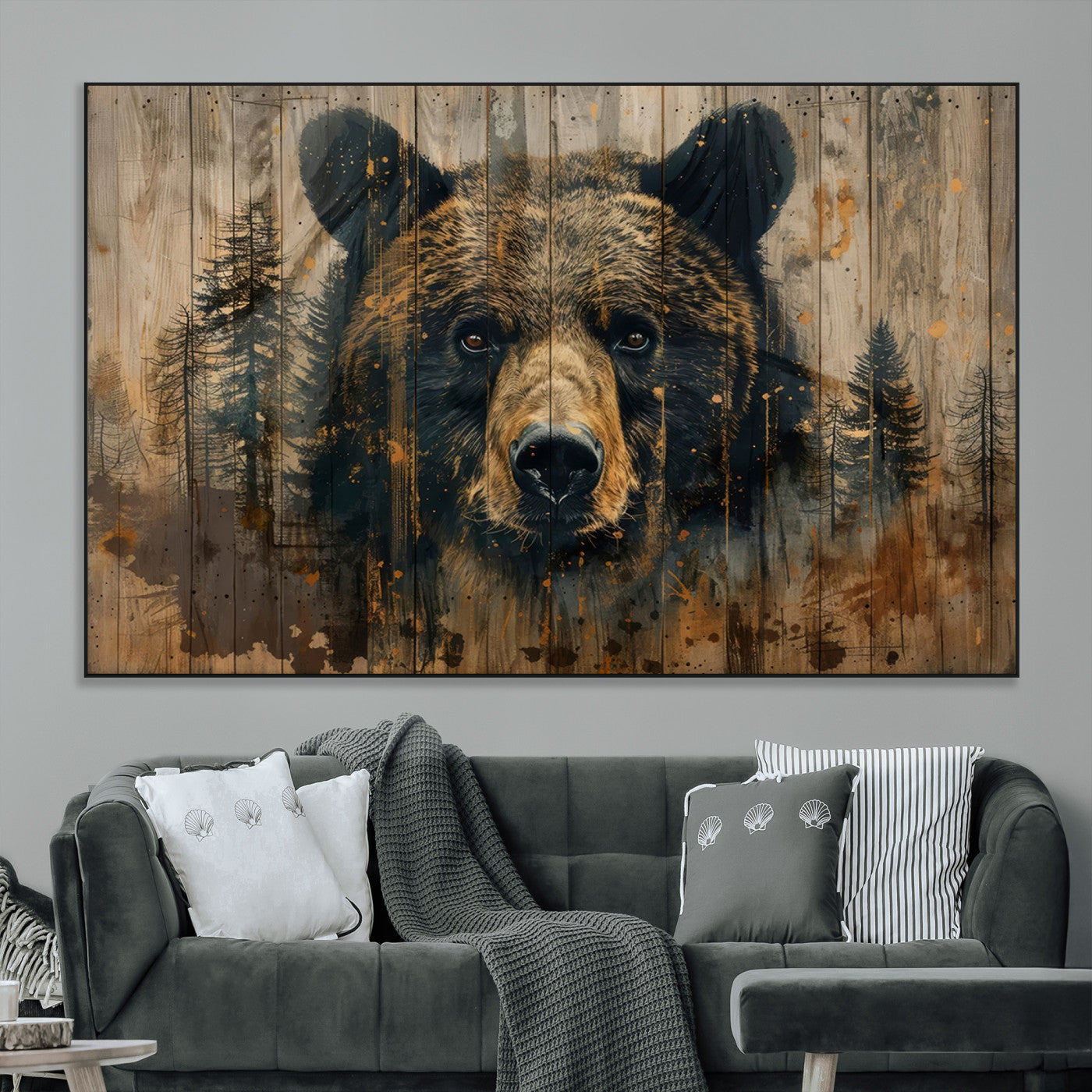 SEG-FC-51X34_Oversize - Abstract 399 Bear Wall Art | Rustic Cabin Wall Decor with Forest Design | Framed and Ready to Hang |