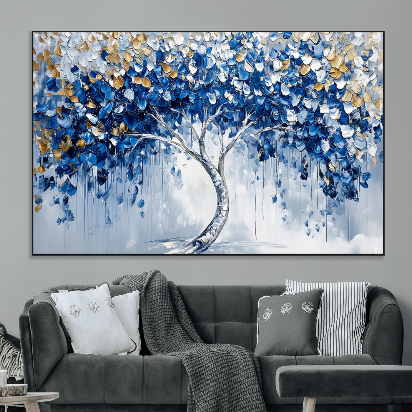 SEG-FC-51X34_Oversize - Blue and Gold Abstract Tree Wall Art Canvas Print | Modern Tree of Life Painting | Framed Canvas