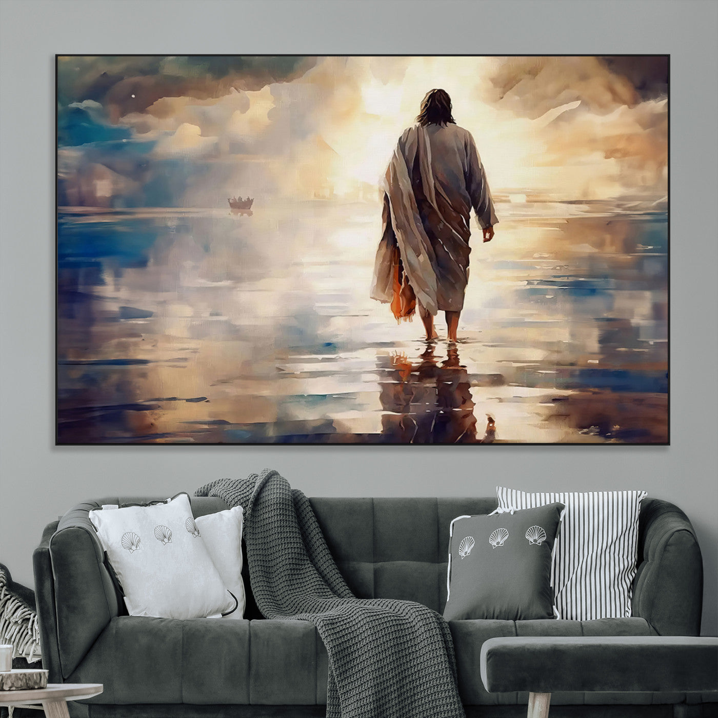 SEG-FC-51X34_Oversize - Jesus Walking on Water Wall Art | Ready to Hang Spiritual Triptych Canvas Print | Inspirational