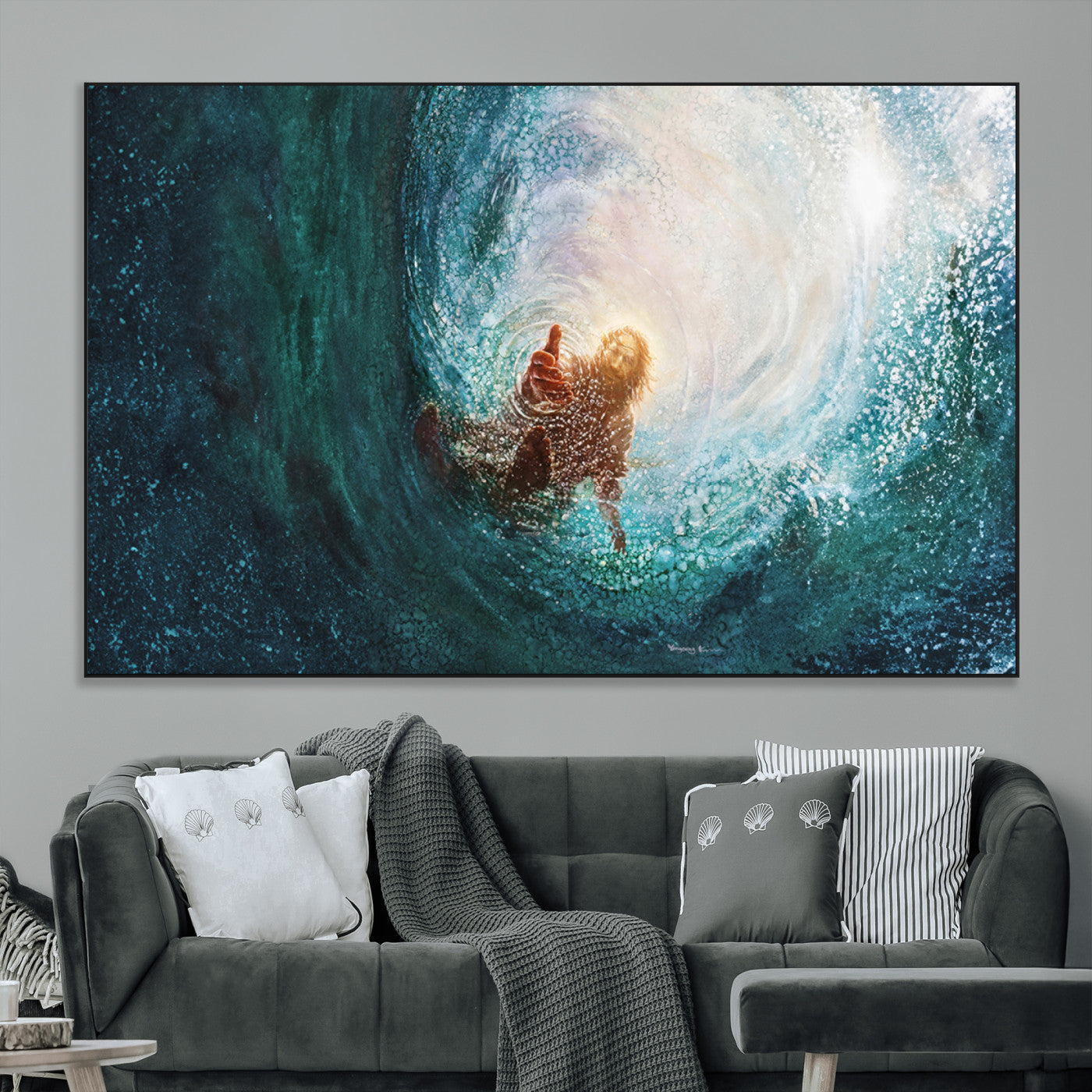 SEG-FC-51X34_Oversize - Powerful Jesus Canvas Print - Hand of Salvation, Inspirational Wall Art - Framed, Ready to Hang for