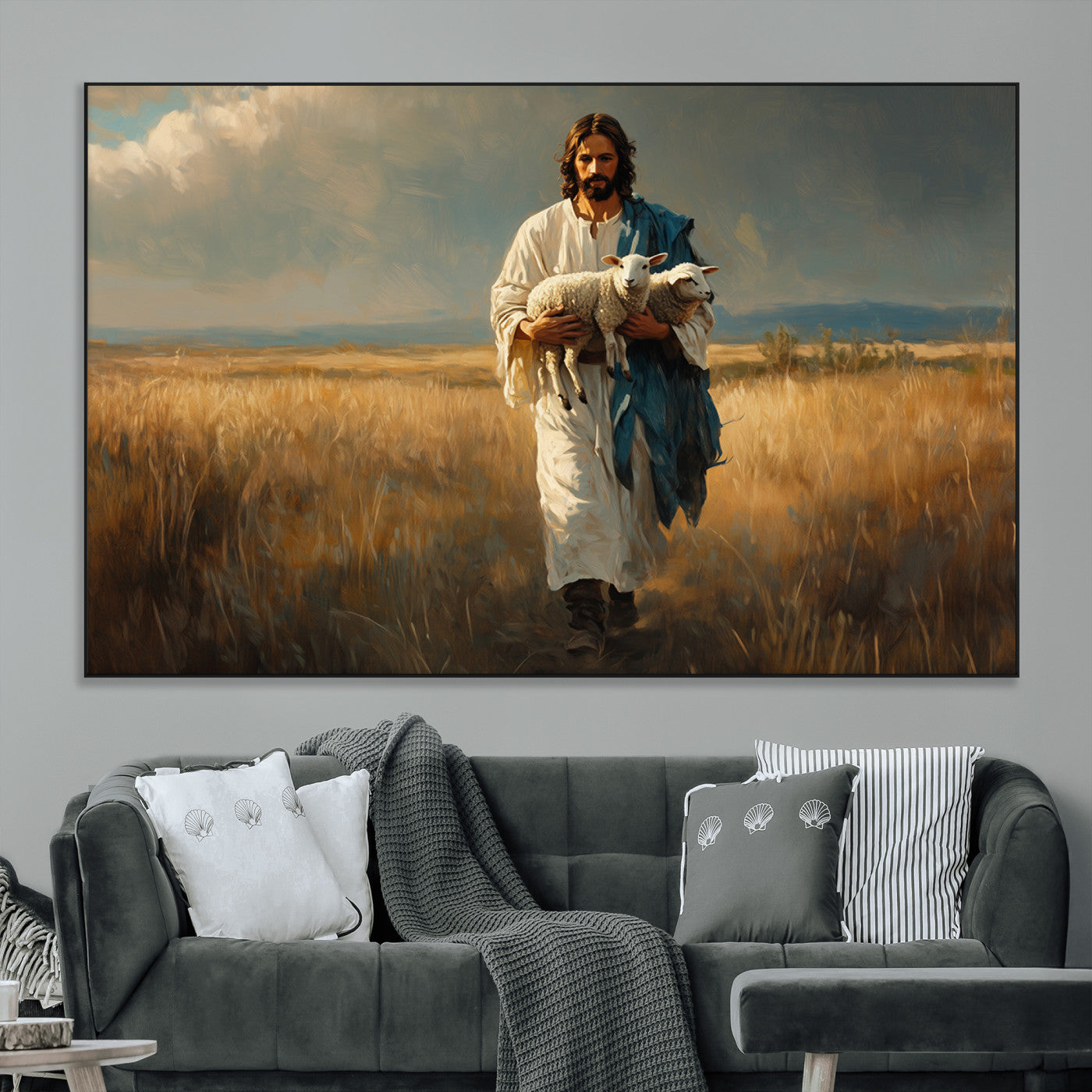 SEG-FC-51X34_Oversize - Jesus Shepherd Wall Art | Ready to Hang Triptych Canvas of Jesus Holding a Lamb in a Field |