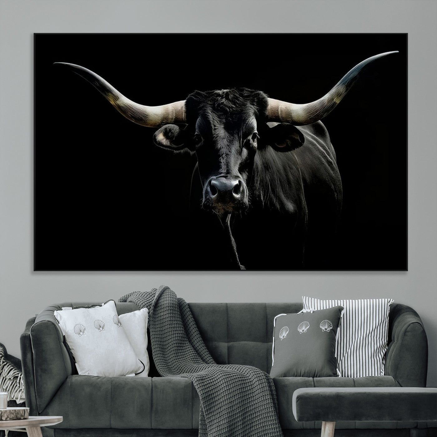 SEG-FC-51X34_Oversize - Texas Black Longhorn Bull Wall Art Canvas Print - Western Texas Cattle Rustic Decor Print - Longhorn