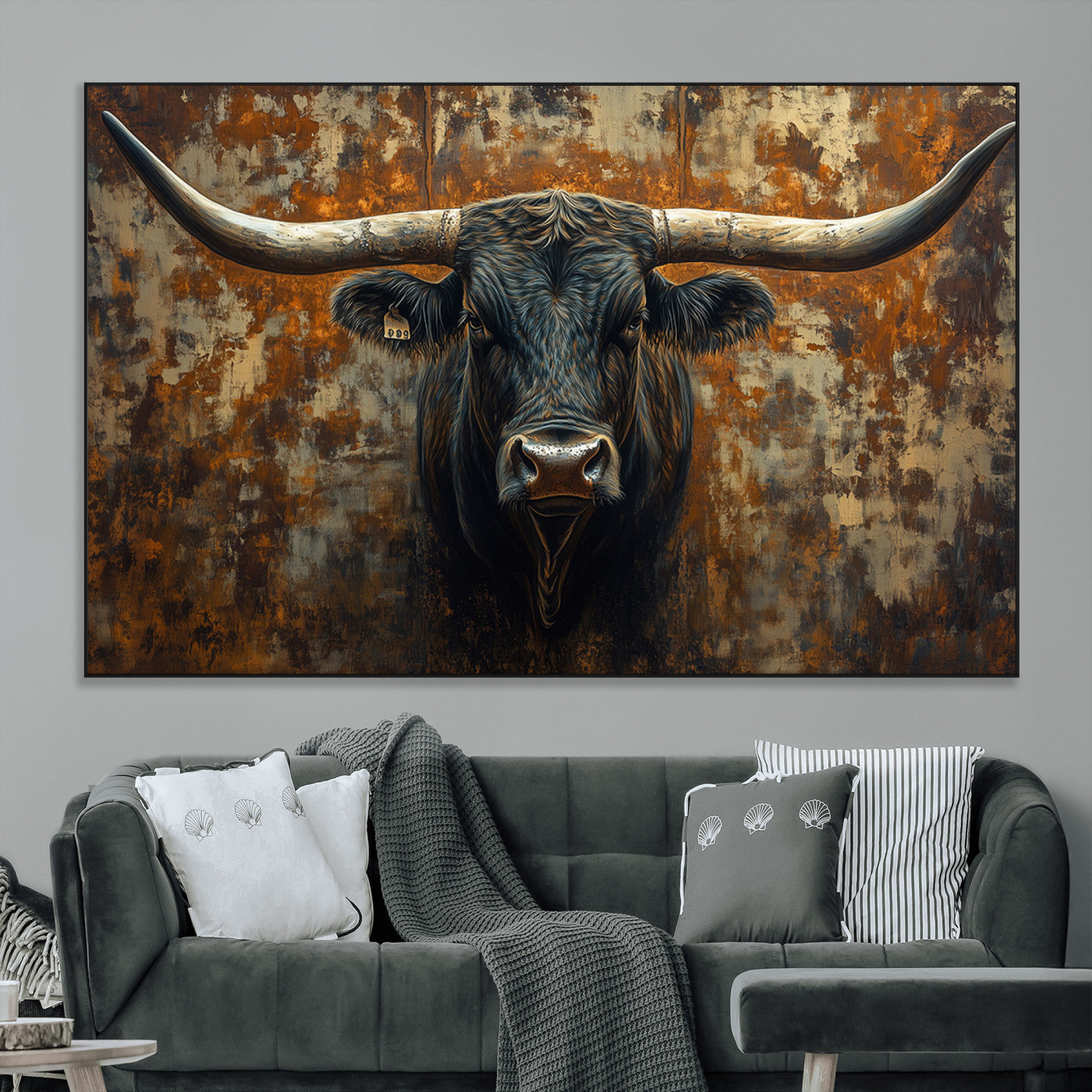 SEG-FC-51X34_Oversize - Longhorn Texas Cow Bull Wall Art | Rustic Farmhouse Canvas Print | Ready to Hang Barn Decor for