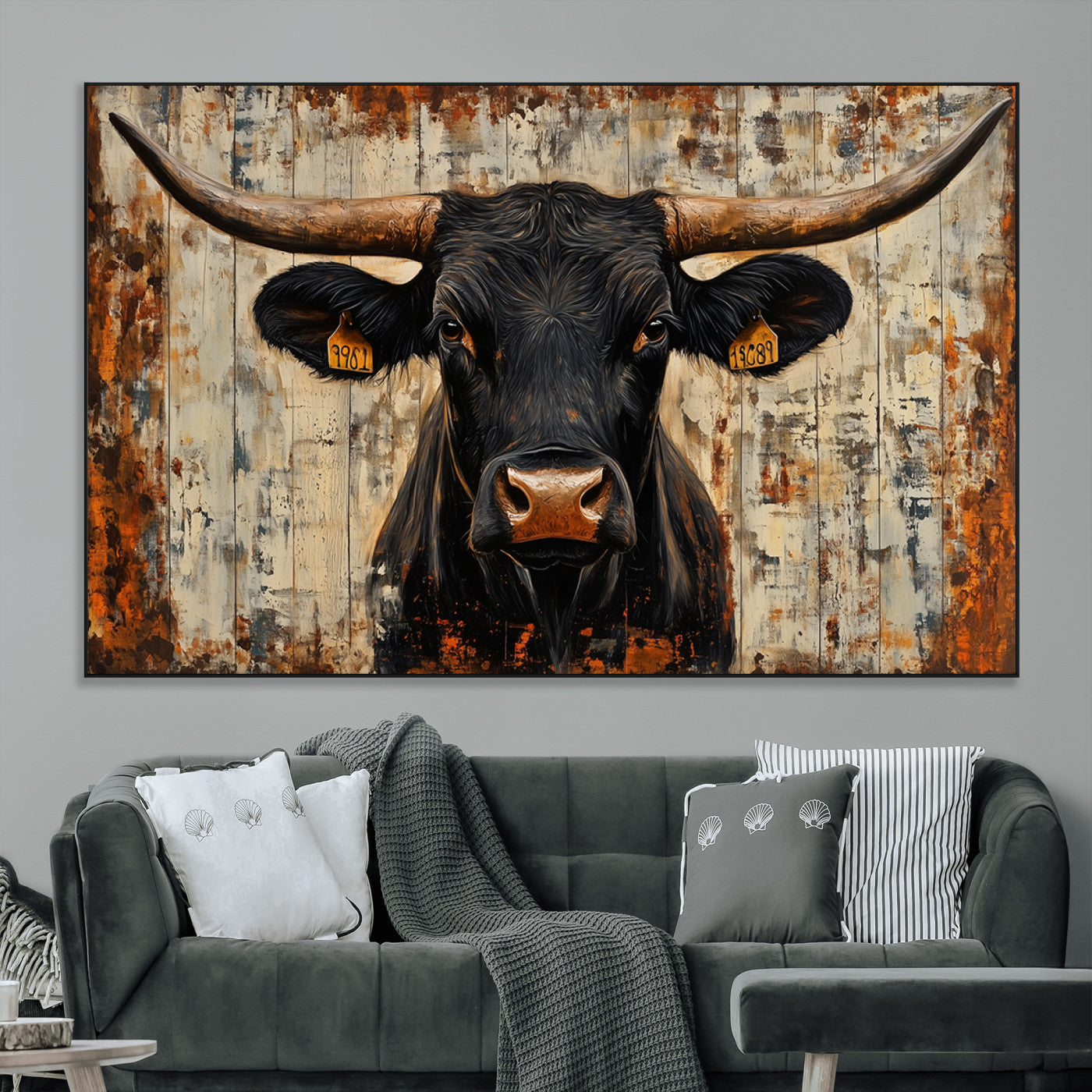 SEG-FC-51X34_Oversize - Rustic Texas Artwork Wall Art Canvas Print - Abstract Cow Longhorn Bull Wall Art Canvas Print