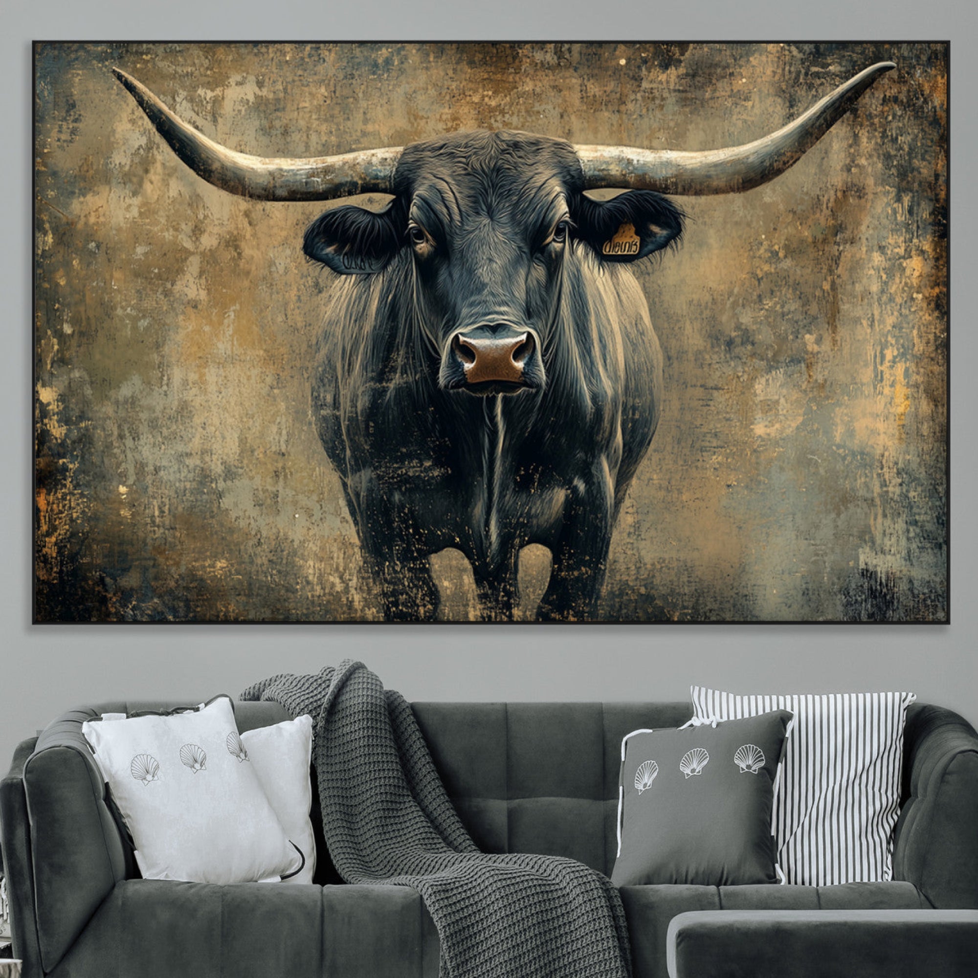 57385-MGV-CV-36X24-Texas Longhorn Bull Wall Art – Framed Rustic Cow Canvas Print, Western Farmhouse Decor Artwork for Living Room or Office