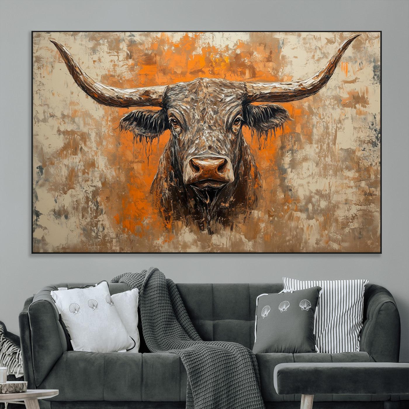 SEG-FC-51X34_Oversize - Abstract Cow Longhorn Bull Wall Art Canvas Print - Rustic Texas Western Cattle Artwork