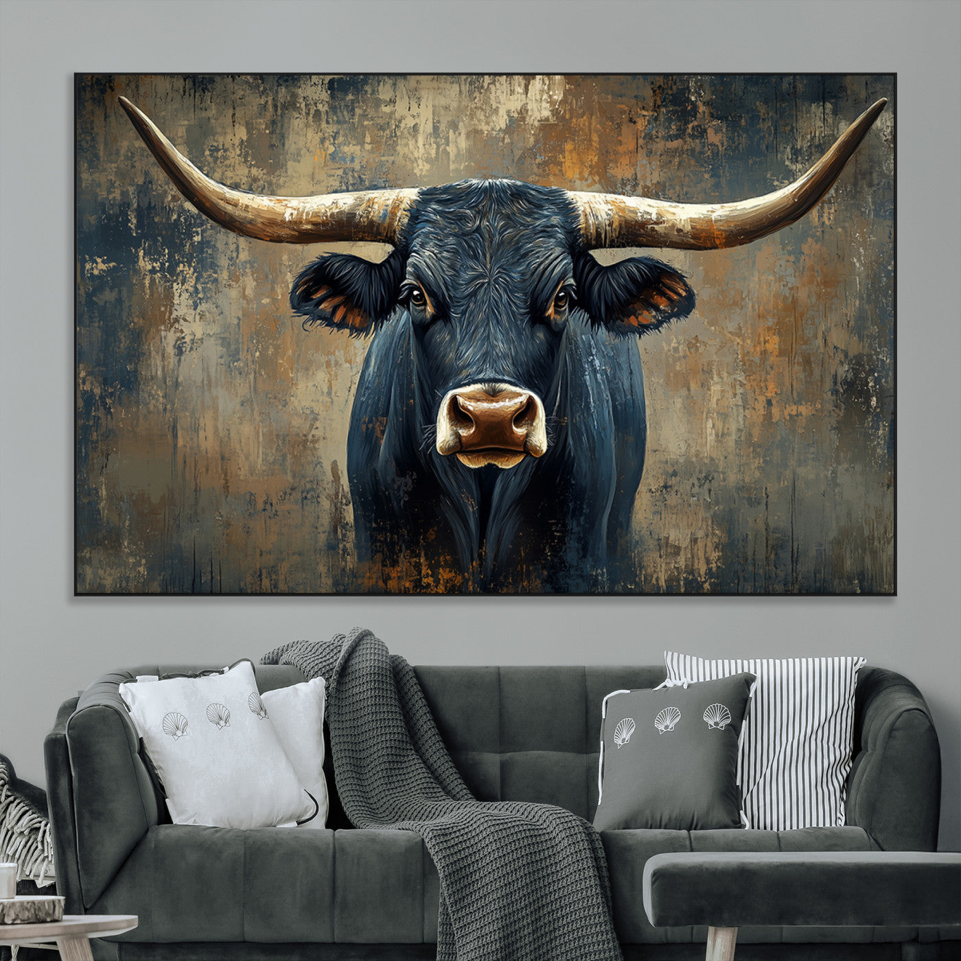 SEG-FC-51X34_Oversize - Texas Western Wall Art Canvas Print - Abstract Cow Longhorn Bull Wall Art Canvas Print - Rustic Cow