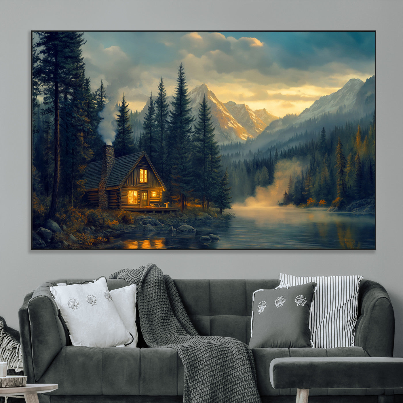 SEG-FC-51X34_Oversize - Mountain Cabin by the Lake at Sunset Wall Art - Serene Nature Canvas Print for Living Room Decor,