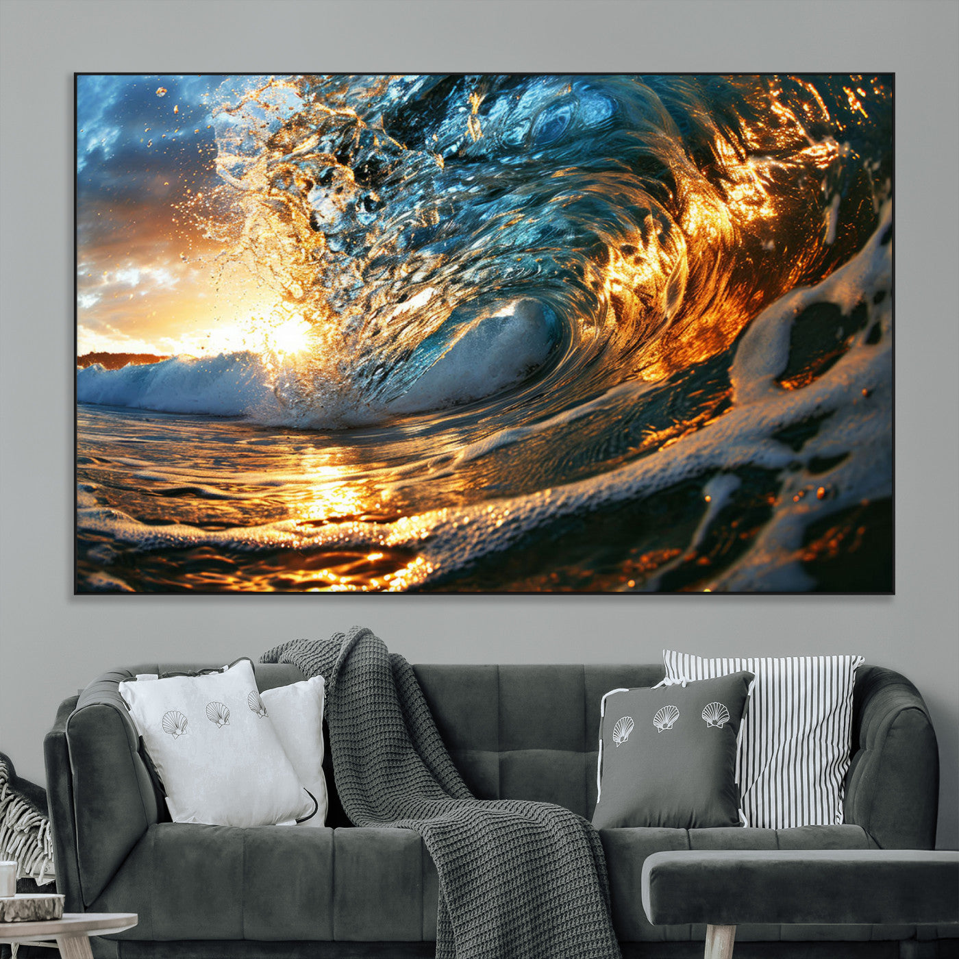 SEG-FC-51X34_Oversize - Ocean Wave at Sunset Canvas Wall Art – Vibrant Coastal Beach Waves Print, Large Nautical Decor,
