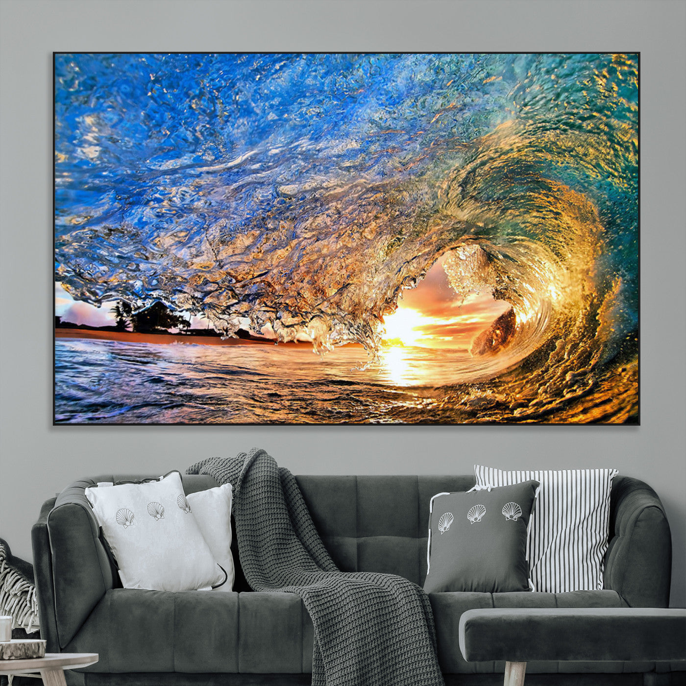 SEG-FC-51X34_Oversize - Ocean Wave at Sunset Canvas Wall Art – Vibrant Coastal Beach Waves Print, Large Nautical Decor,