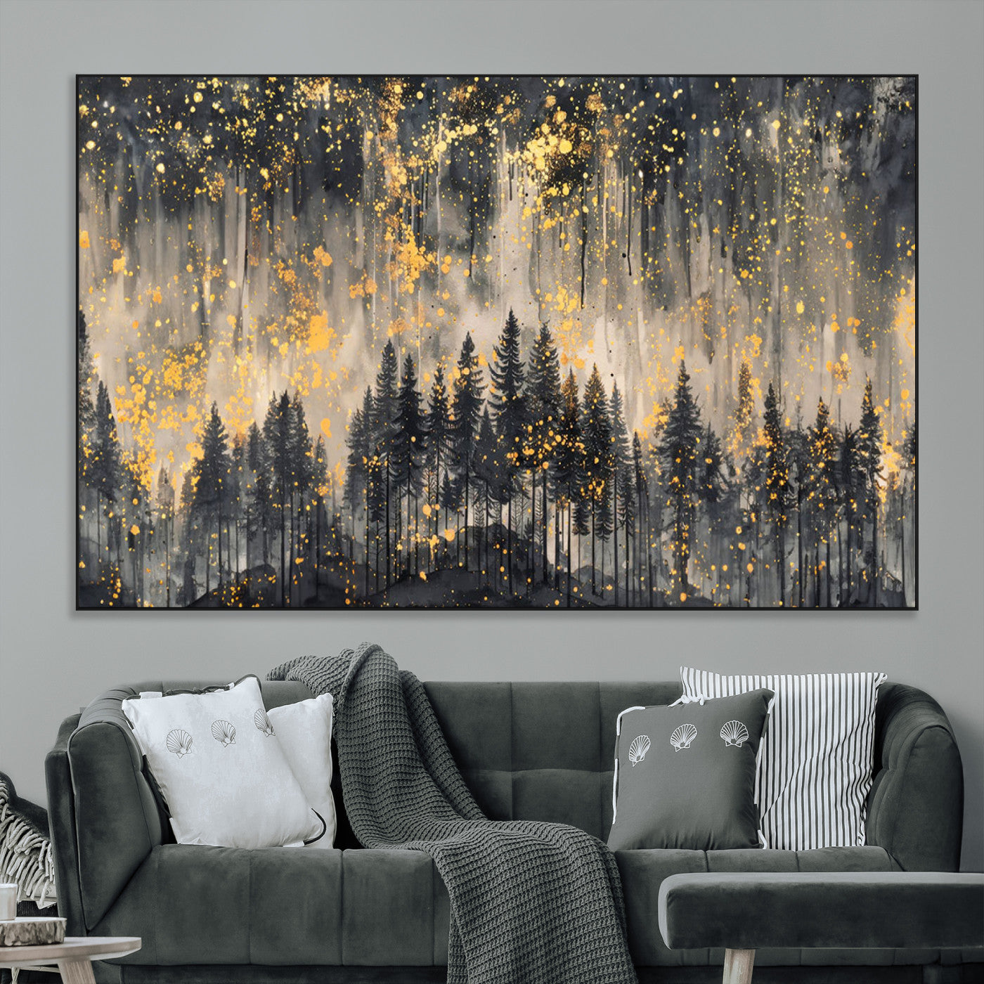SEG-FC-51X34_Oversize - Golden Forest Abstract Wall Art | Dark Forest with Gold Splatter Accents | Triptych Ready to Hang