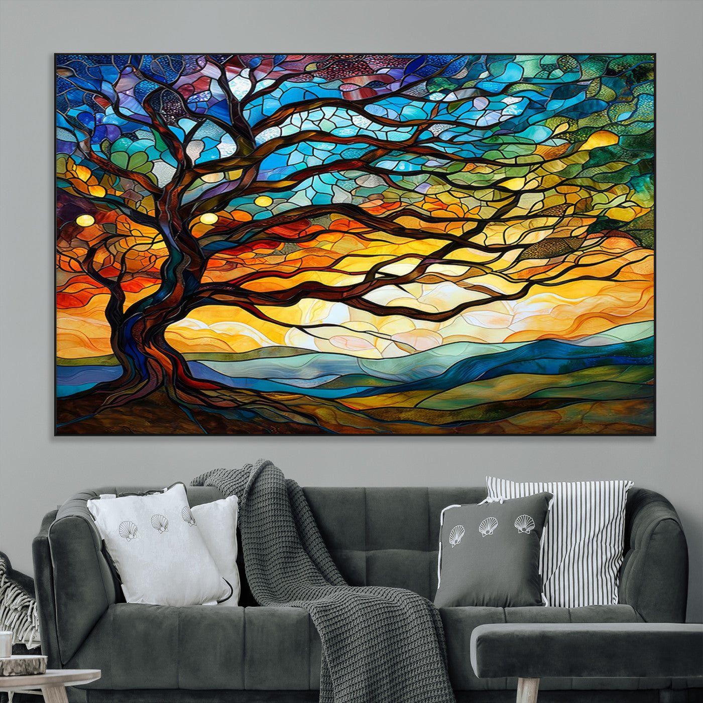 SEG-FC-51X34_Oversize - Mosaic Tree Wall Art | Ready to Hang Stained Glass Style Canvas Print | Farmhouse Wall Decor, Cabin