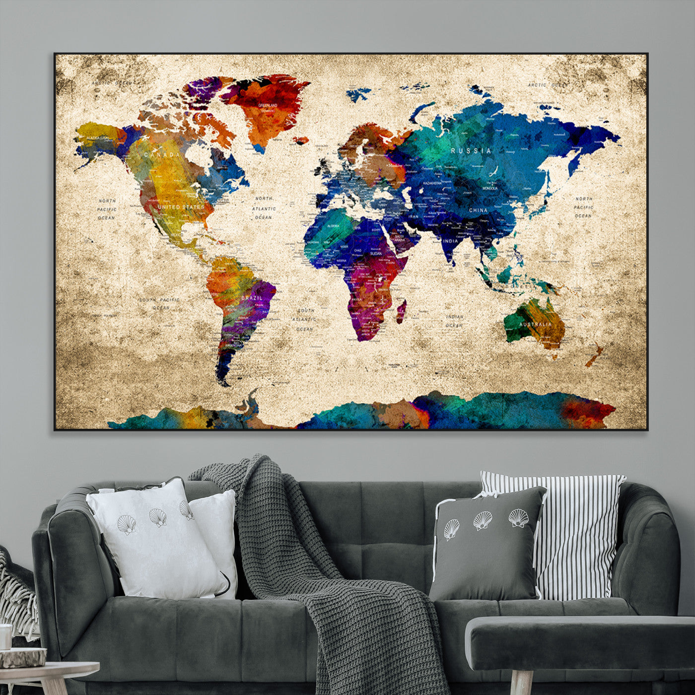 SEG-FC-51X34_Oversize - Push Pin World Map Canvas Print – Framed Wall Art for Couples to Track Their Travels – Anniversary