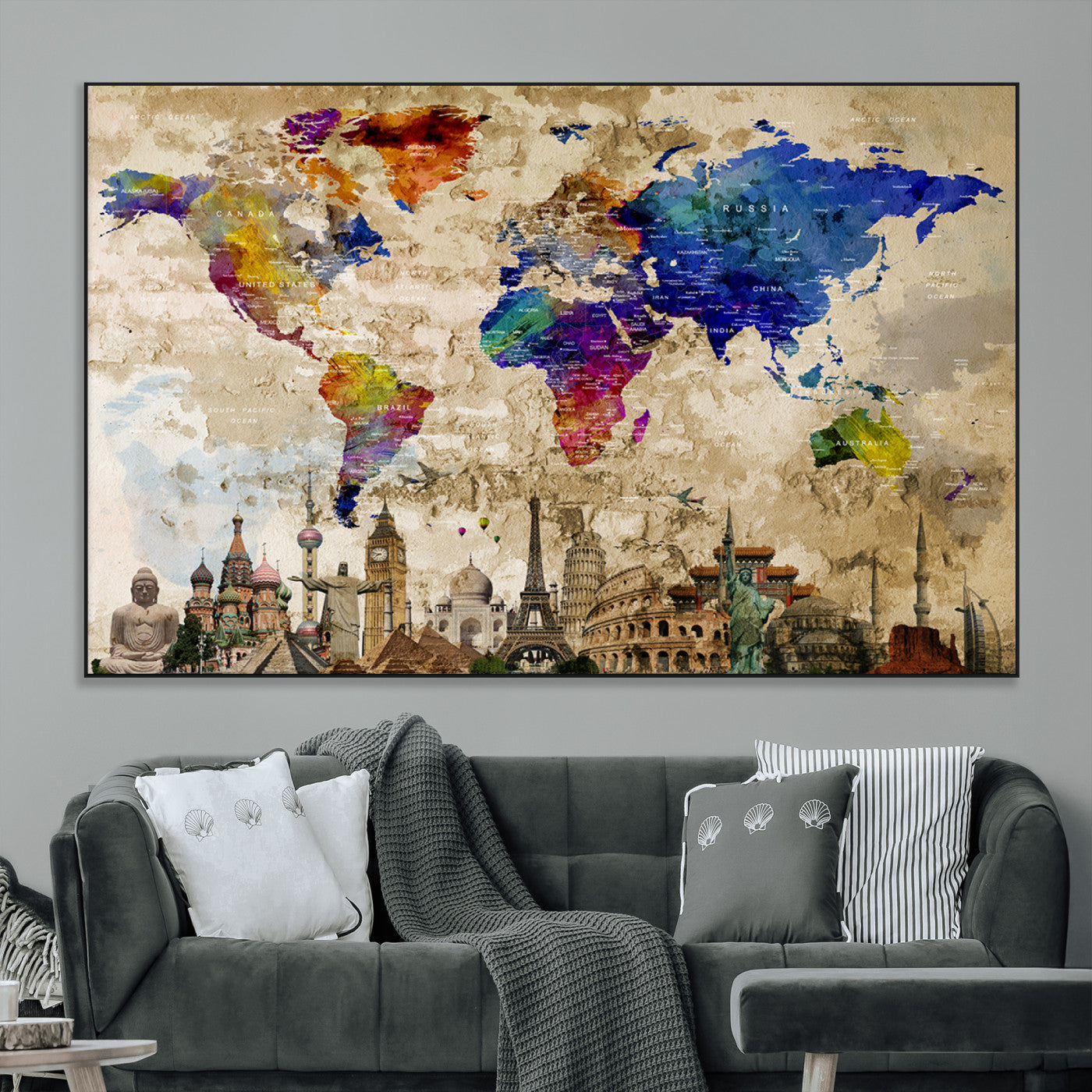SEG-FC-51X34_Oversize - Push Pin World Map Canvas Print – Framed Wall Art for Couples to Track Their Travels – Anniversary