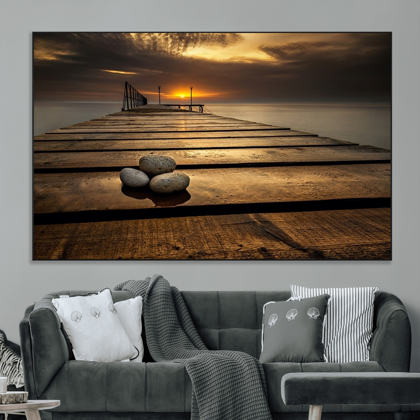 SEG-FC-51X34_Oversize - Stones on Wooden Pier at Sunset Canvas Print, Serene Coastal Wall Art, Beach Sunset Photography,