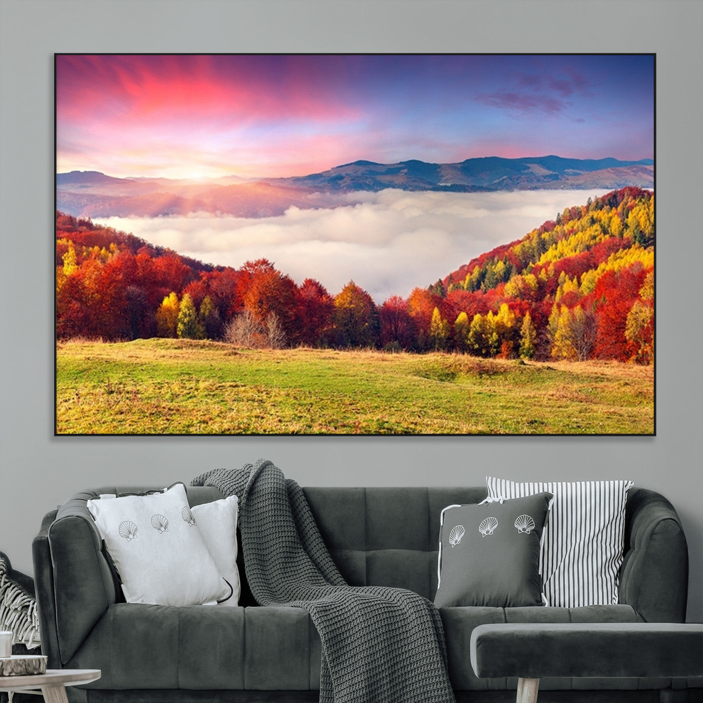 SEG-FC-51X34_Oversize - Autumn Mountain Foggy Landscape Wall Art Canvas Print | Beautiful Forest Canvas Print | Misty