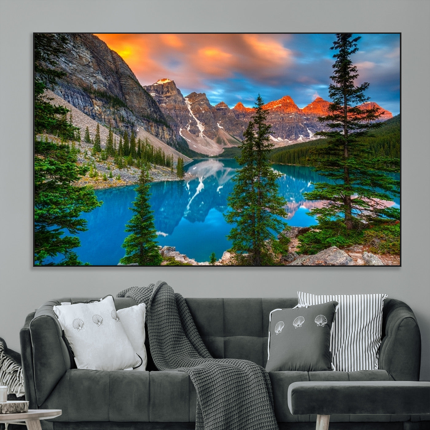 SEG-FC-51X34_Oversize - Canadian Rockies Moraine Lake Wall Art Canvas Print, Pine Trees Mountain Spring Canvas Print