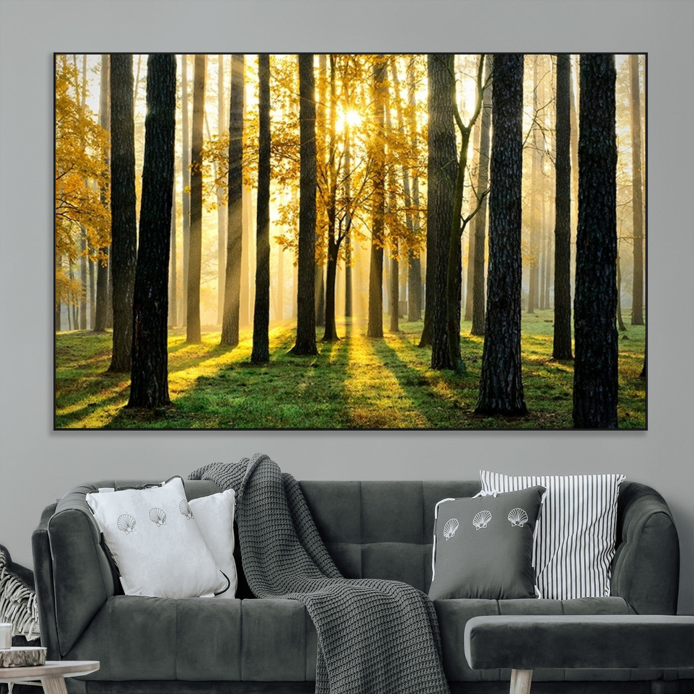 SEG-FC-51X34_Oversize - Sunlit Forest Canvas Wall Art – Serene Woodland Triptych Landscape Print – Nature-Inspired Decor for