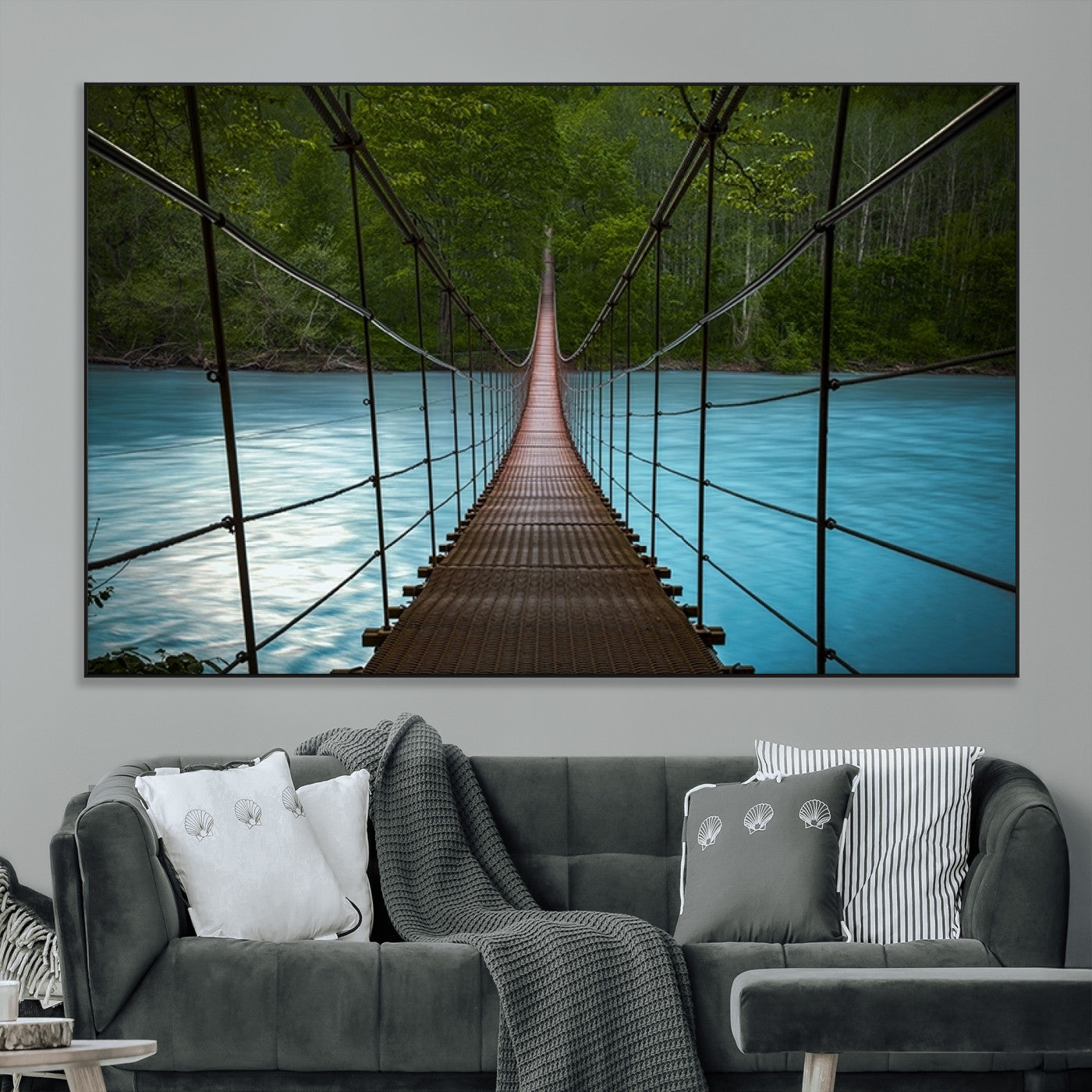 -Suspension Bridge Over River Canvas Art | 3-Panel Nature Photography | Scenic Wall Art for Living