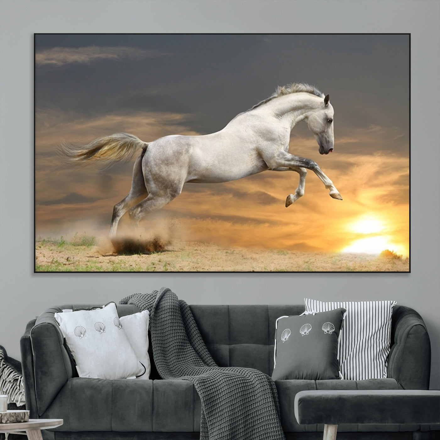 SEG-FC-51X34_Oversize - Large Wall Art Animal Canvas Print - White Jumping Horse at Sunset