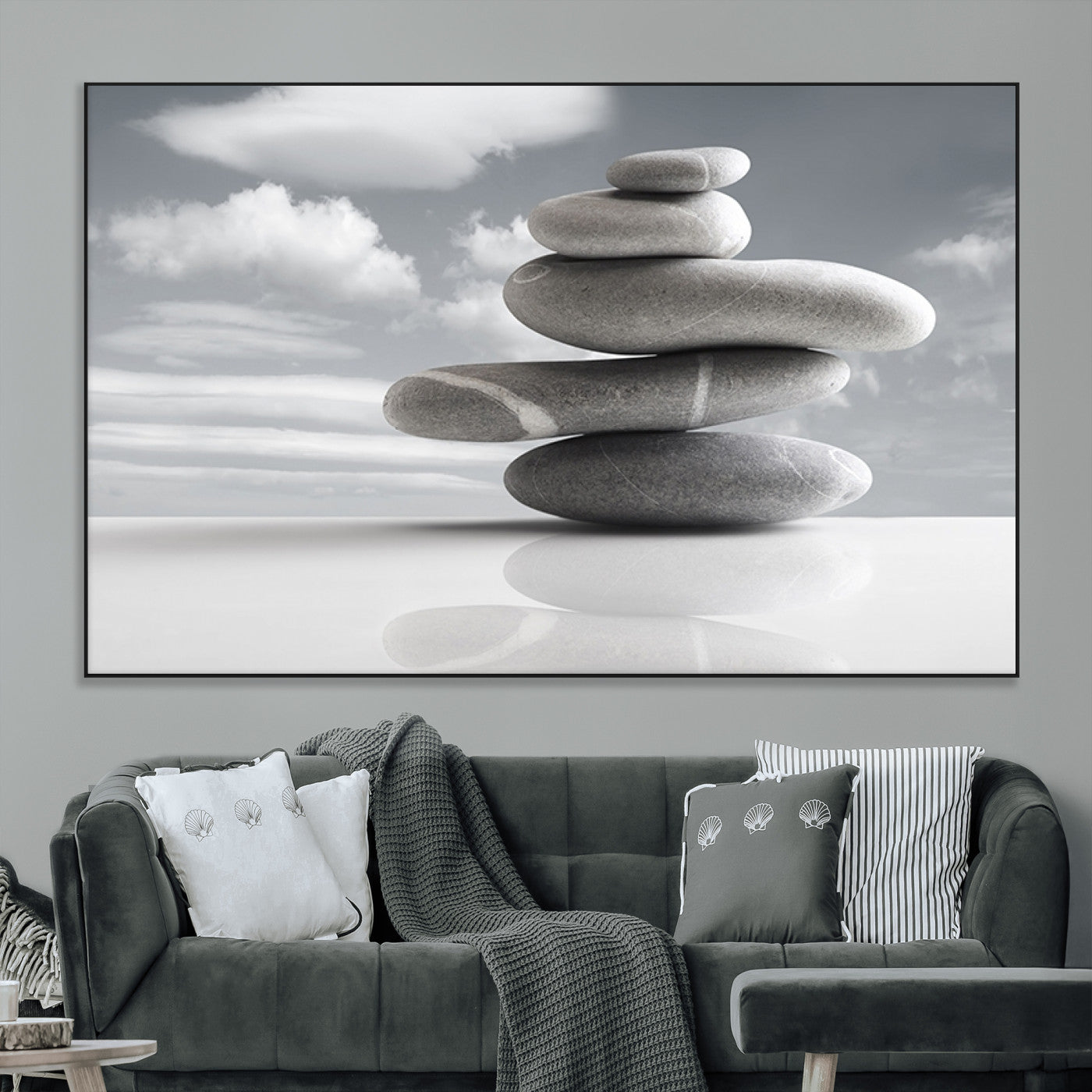 SEG-FC-51X34_Oversize - Still Life Black and White Zen Stones Wall Art Canvas, Framed Black and White Zen Stones Canvas
