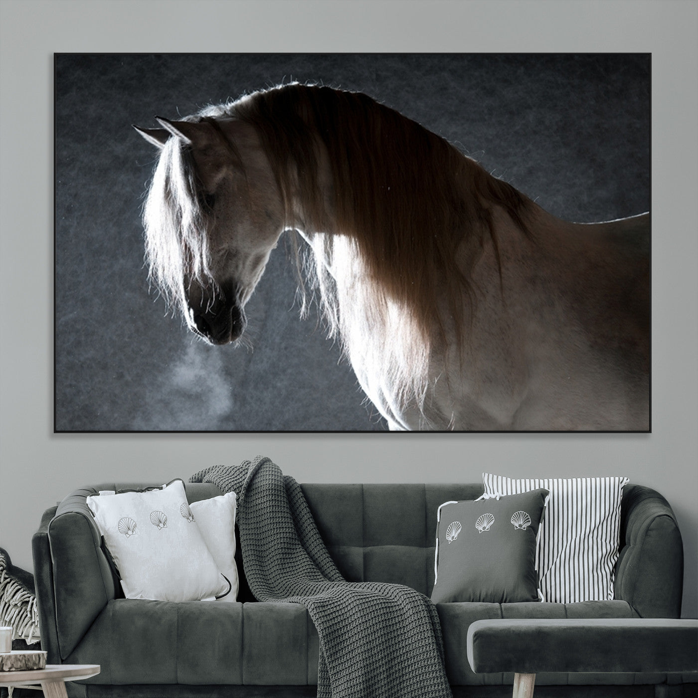 SEG-FC-51X34_Oversize - Large Wall Art Cream Colored Horse on Grey Background Canvas Print