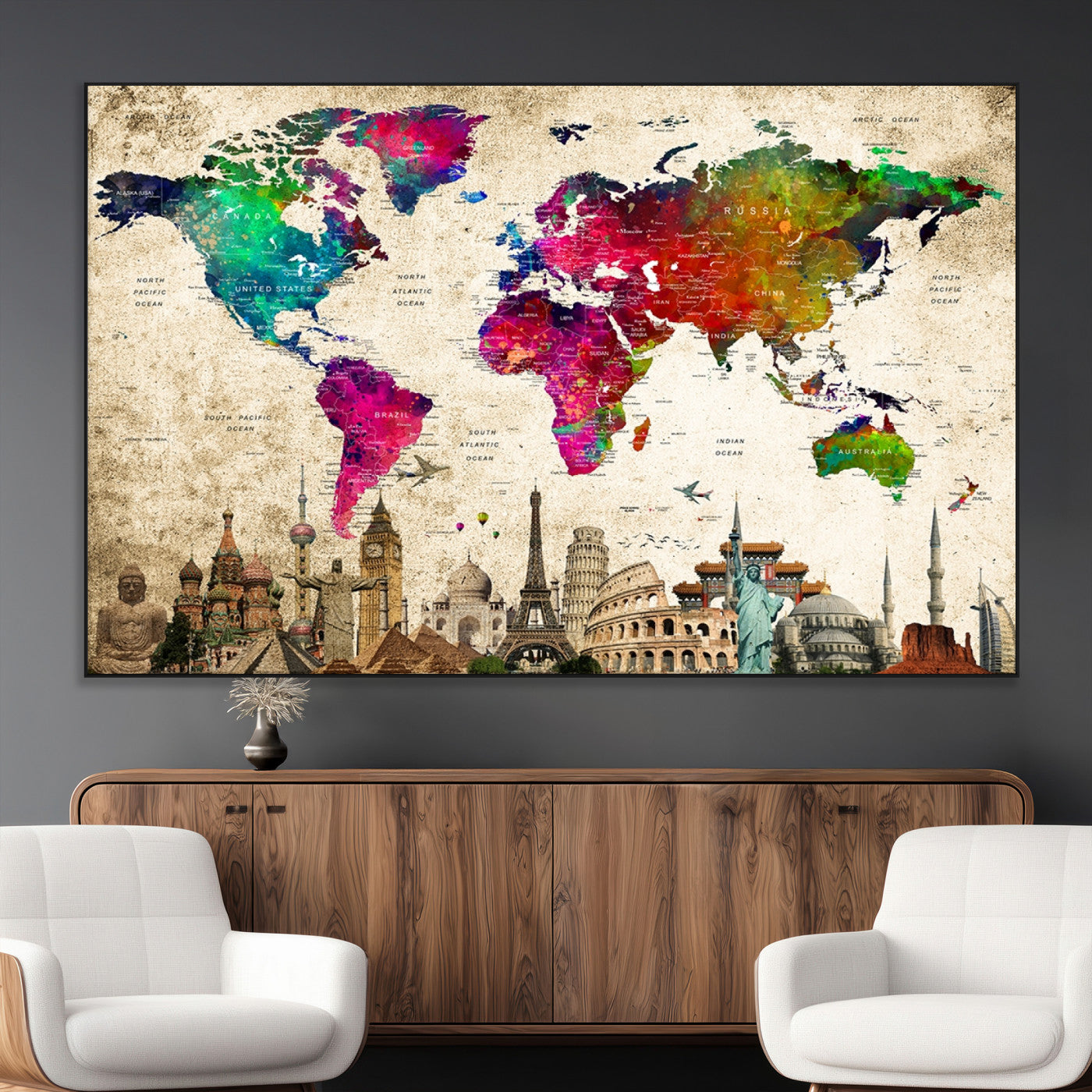 SEG-FC-51X34_Oversize - Push Pin World Map Canvas Print – Framed Wall Art for Couples to Track Their Travels – Anniversary