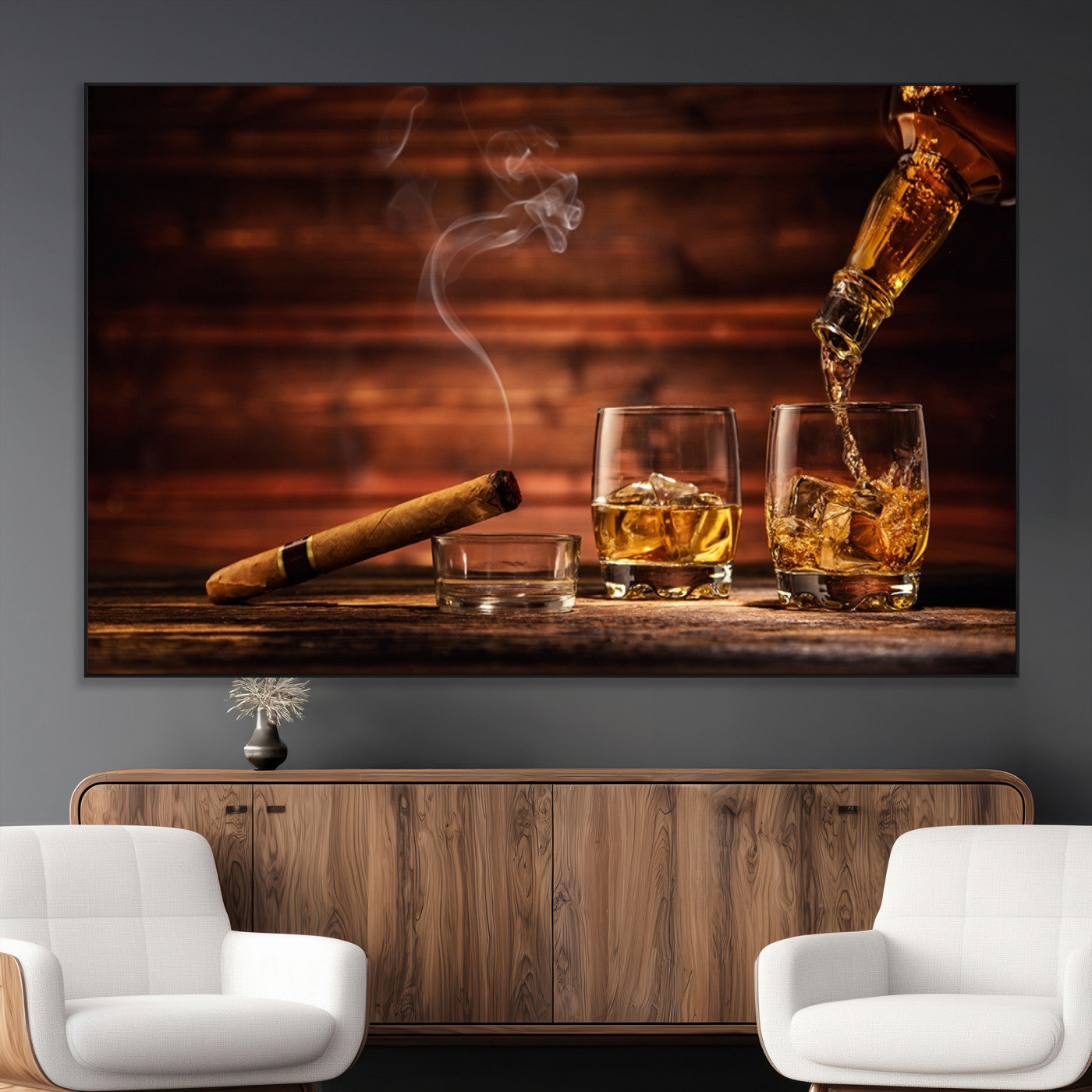 SEG-FC-51X34_Oversize - Whiskey and Cigar Wall Art Canvas | 3 Panel Bar Room Decor for Home Lounge, Office, or Man Cave |