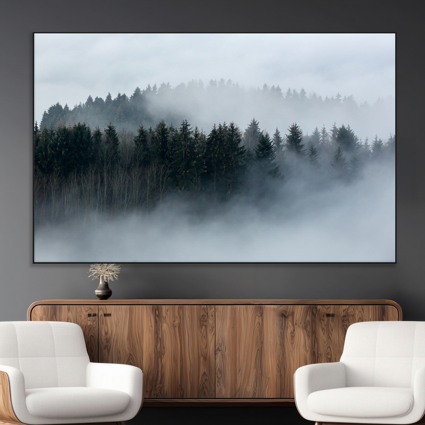 SEG-FC-51X34_Oversize - Autumn and Misty Trees in the Forest Wall Art Canvas Print, Foggy Forest Mountain Wall Art Canvas