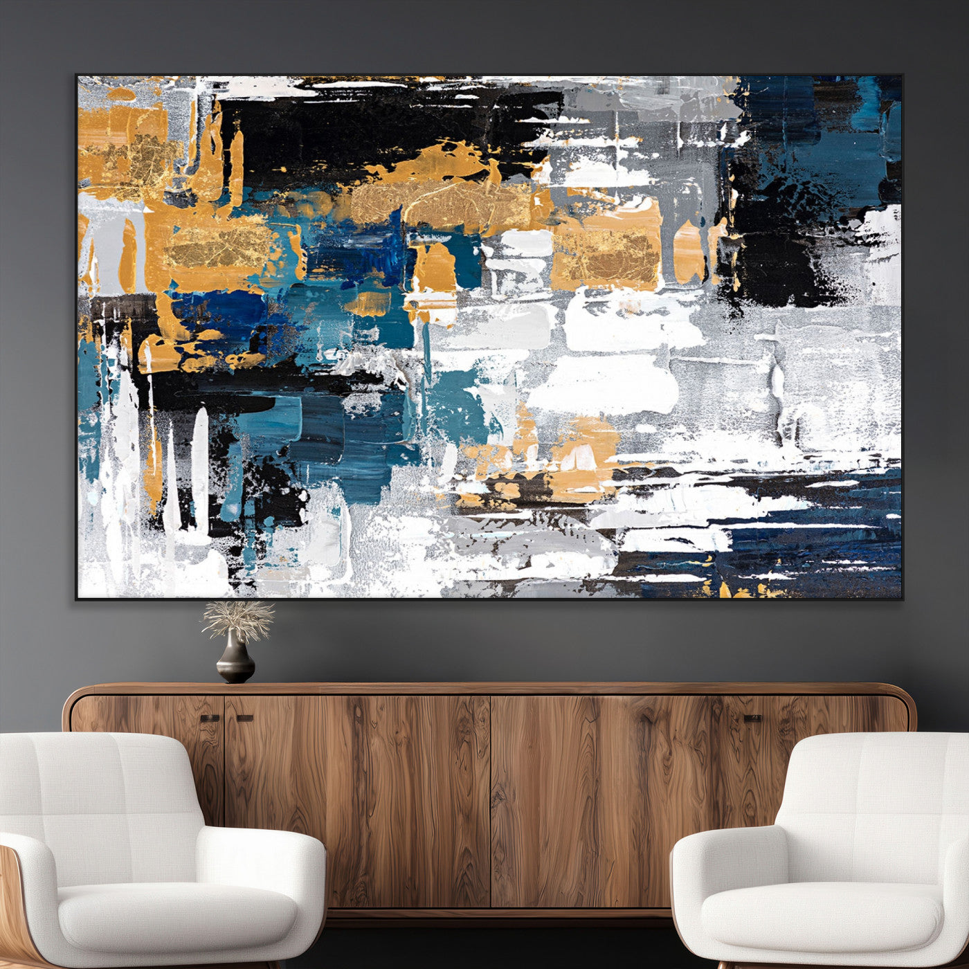 57708-MGV-CV-36X24-Blue and Gold Abstract Canvas Wall Art – Triptych Modern Painting for Living Room – Framed and Ready to Hang