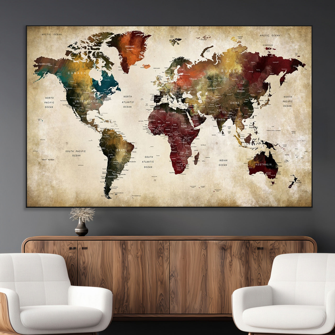 SEG-FC-51X34_Oversize - Large World Map Wall Art Canvas Print, Framed Push Pin Map Art Picture Print, Abstract Traveller Map Perfect Modern Decor Artwork